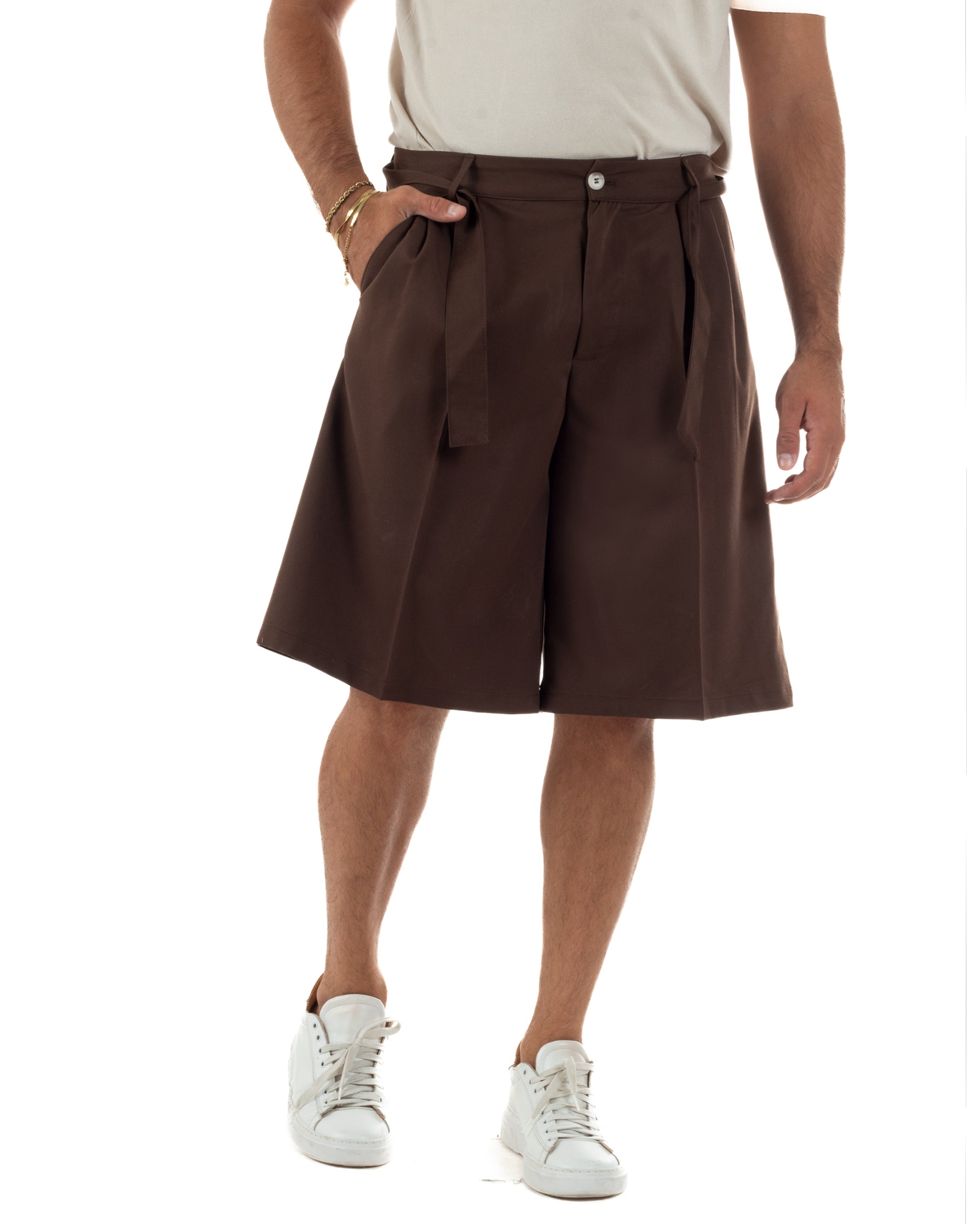 Bermuda pantaloncini uomo baggy fit pinces cintura in vita marrone GIOSAL-PC2064A