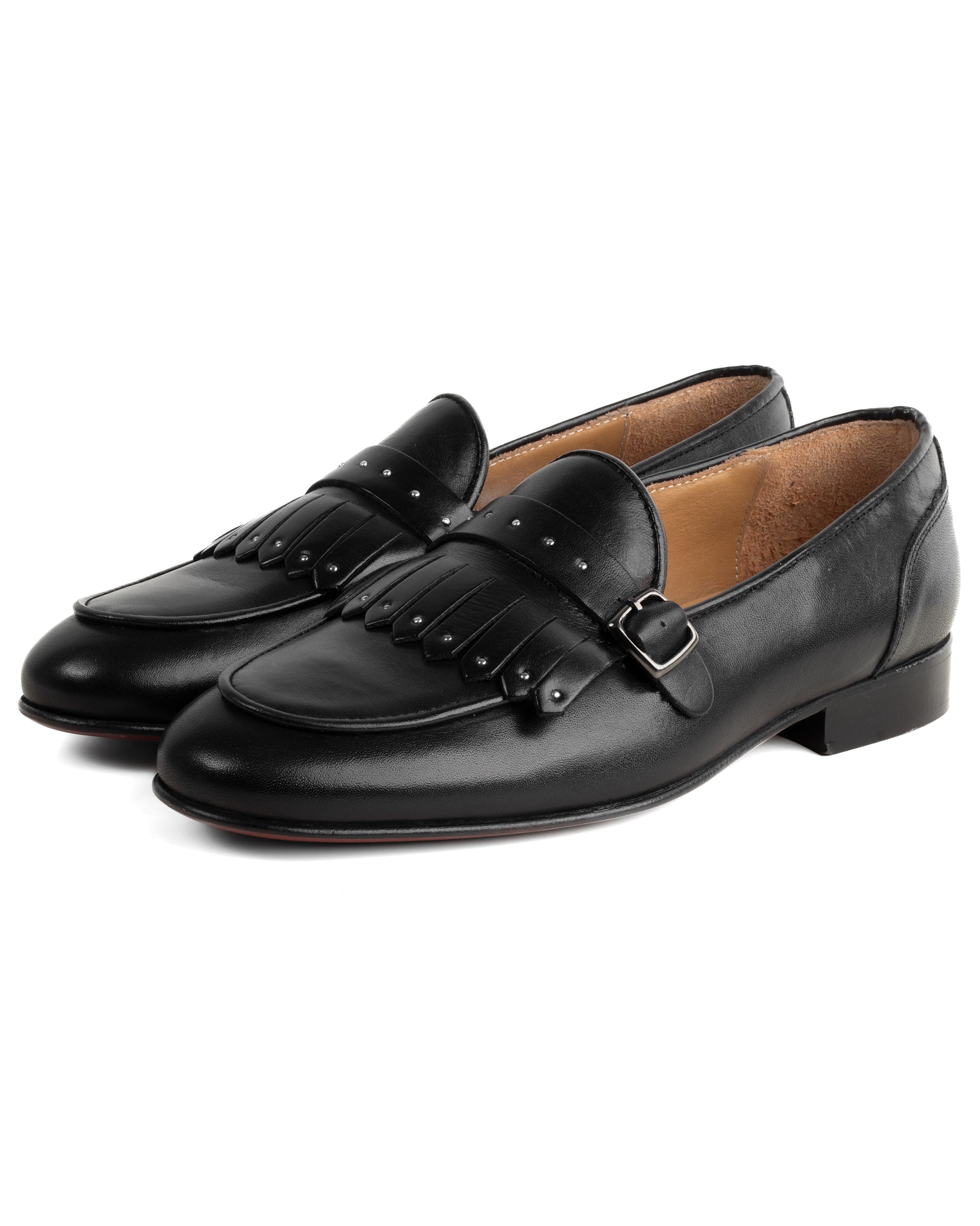 Mocassini uomo con fibbia frangia borchie argento scarpe copelle eleganti pelle vitello cerimonia suola di cuoio con ovalino antiscivolo casual nero GIOSAL-S1321A