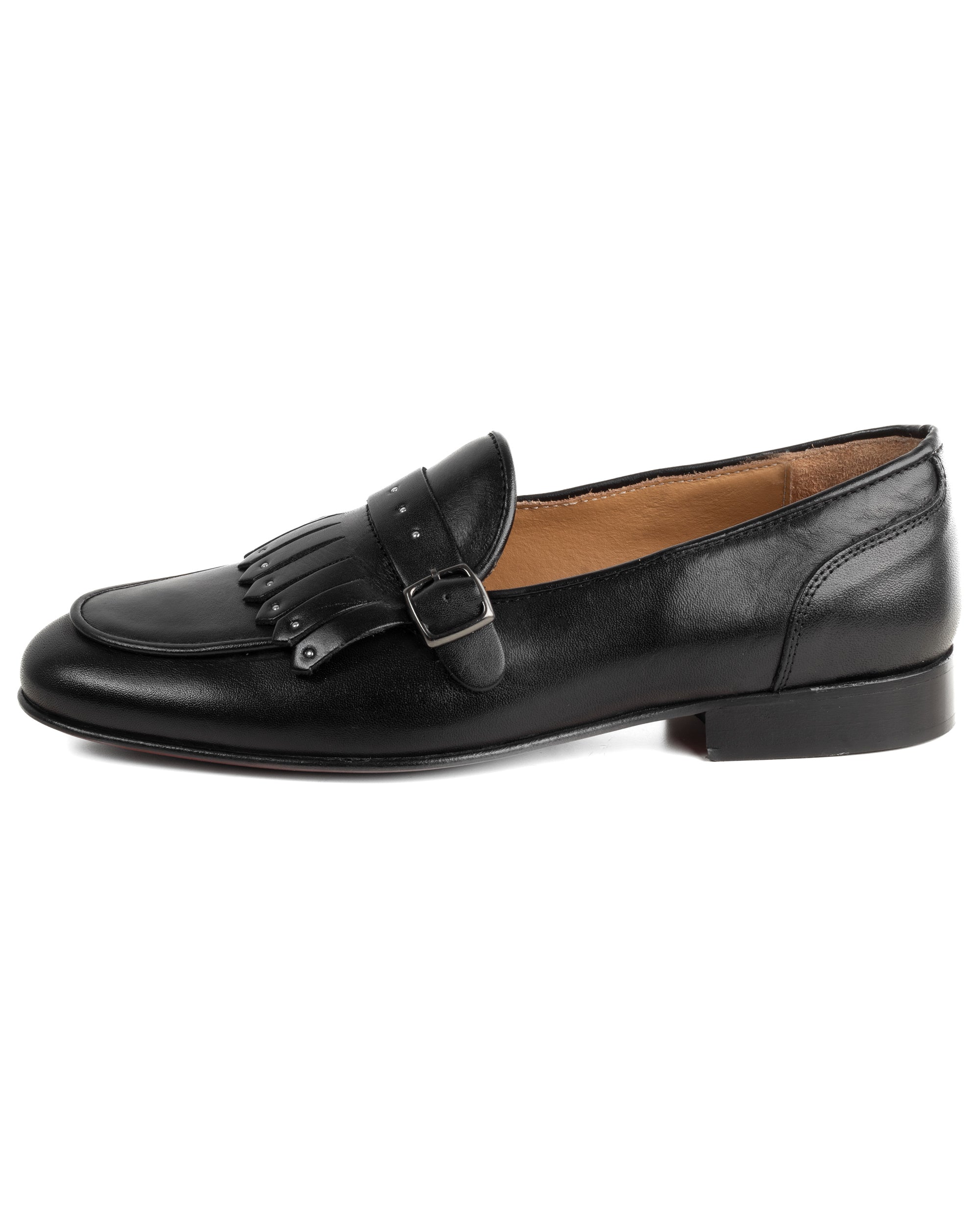 Mocassini uomo con fibbia frangia borchie argento scarpe copelle eleganti pelle vitello cerimonia suola di cuoio con ovalino antiscivolo casual nero GIOSAL-S1321A