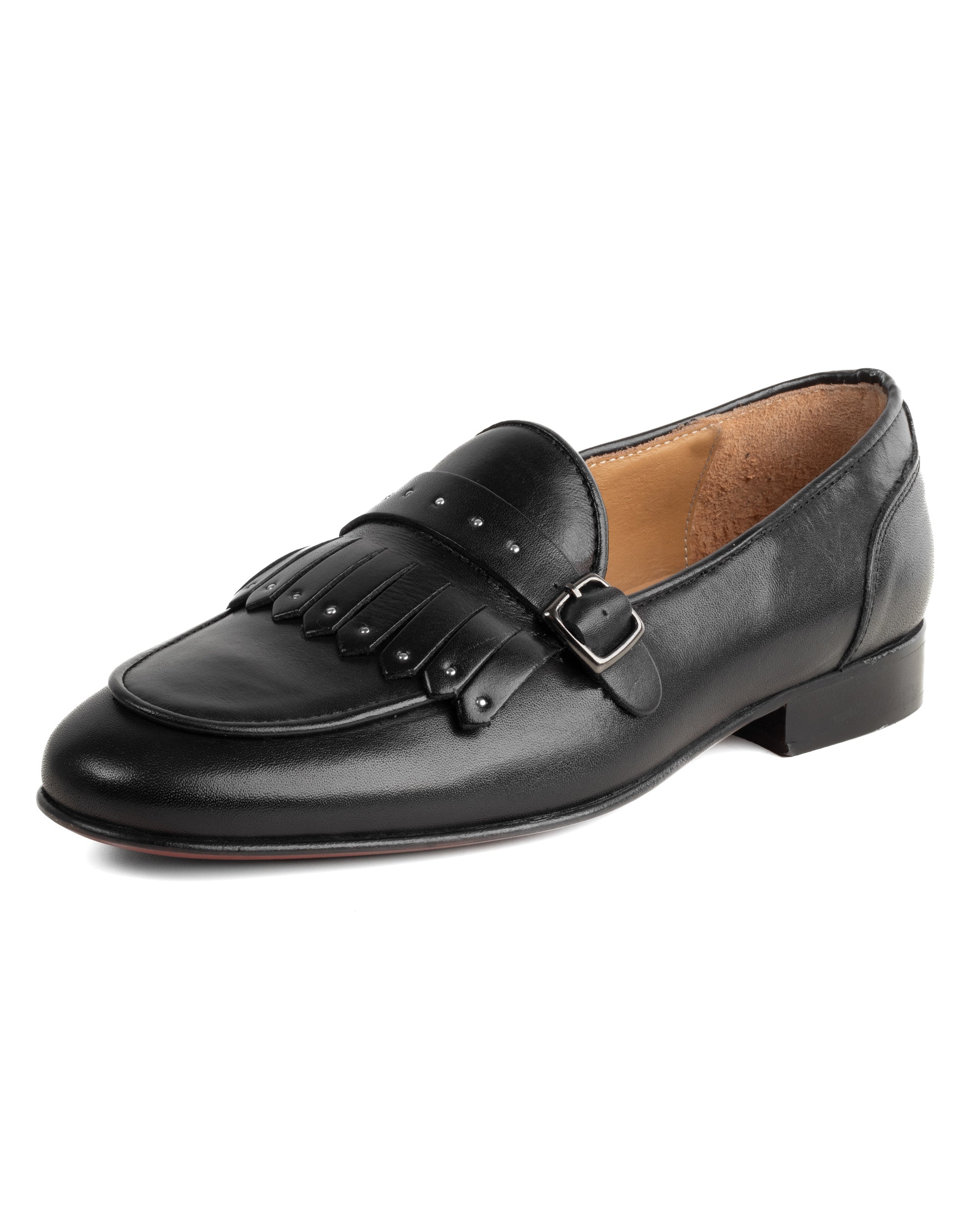 Mocassini uomo con fibbia frangia borchie argento scarpe copelle eleganti pelle vitello cerimonia suola di cuoio con ovalino antiscivolo casual nero GIOSAL-S1321A