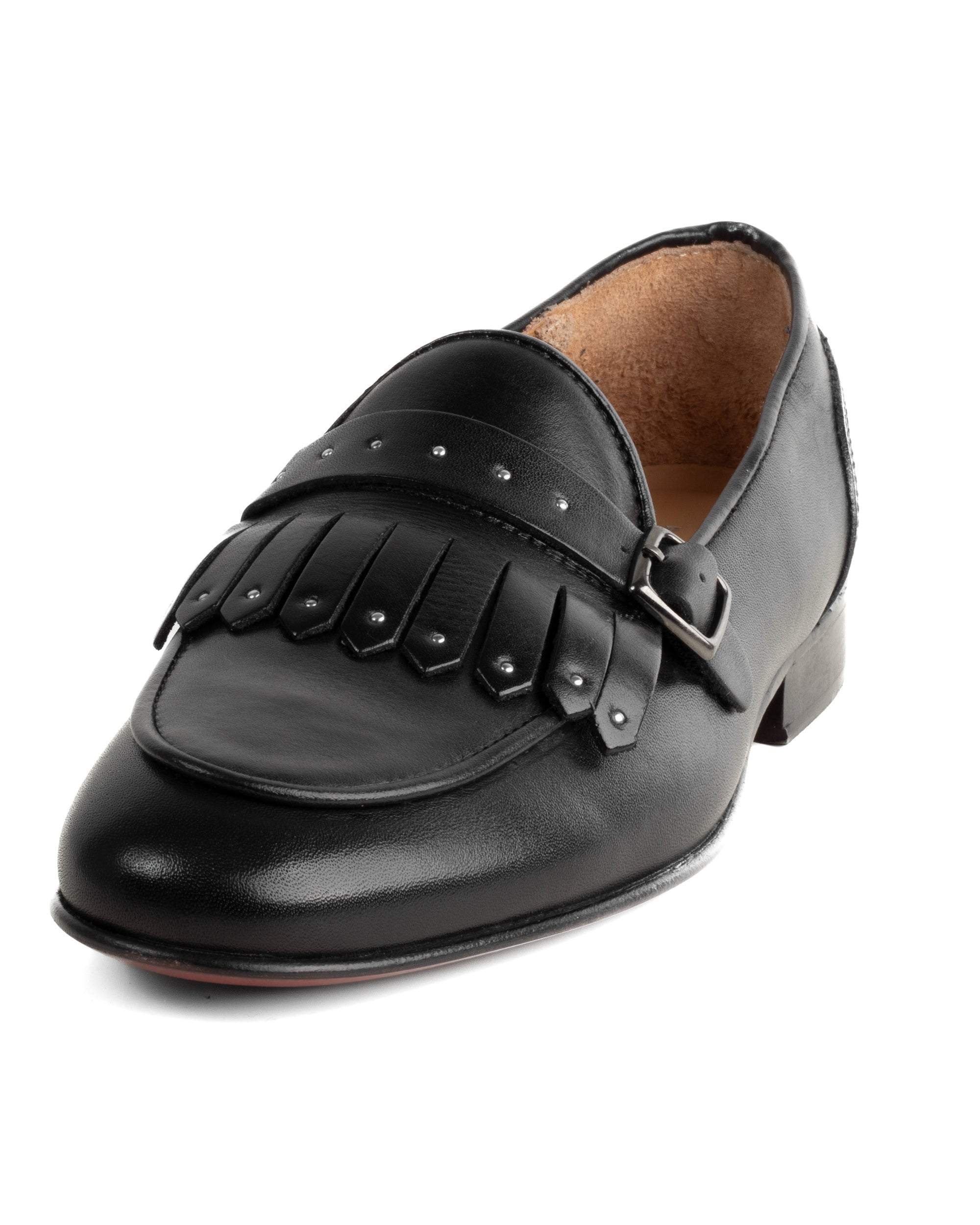 Mocassini uomo con fibbia frangia borchie argento scarpe copelle eleganti pelle vitello cerimonia suola di cuoio con ovalino antiscivolo casual nero GIOSAL-S1321A