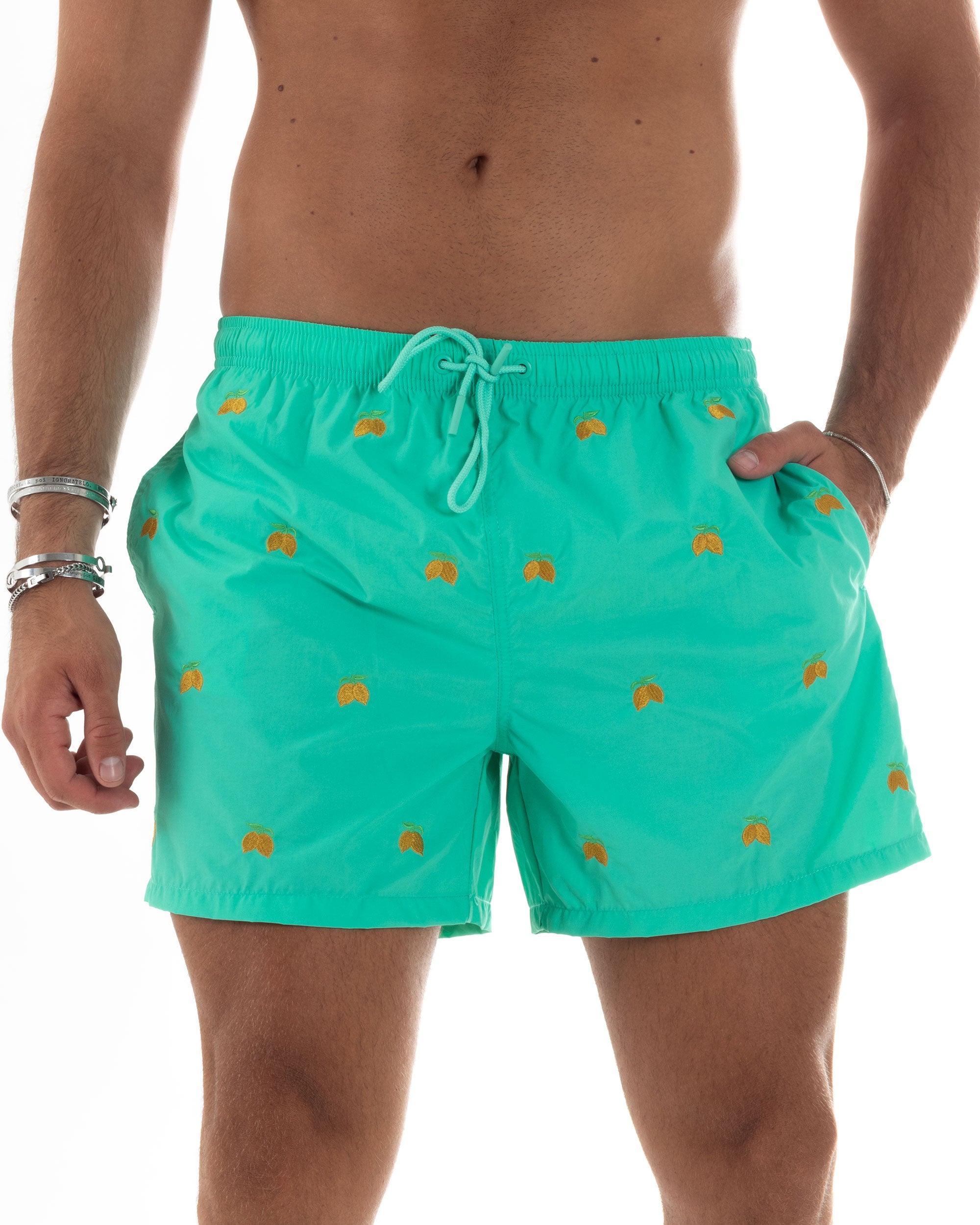Costume Uomo Boxer Comodo Pantaloncini Corti Summer Regular Fit Ricamo Limone Verde Acqua GIOSAL-SU1228A