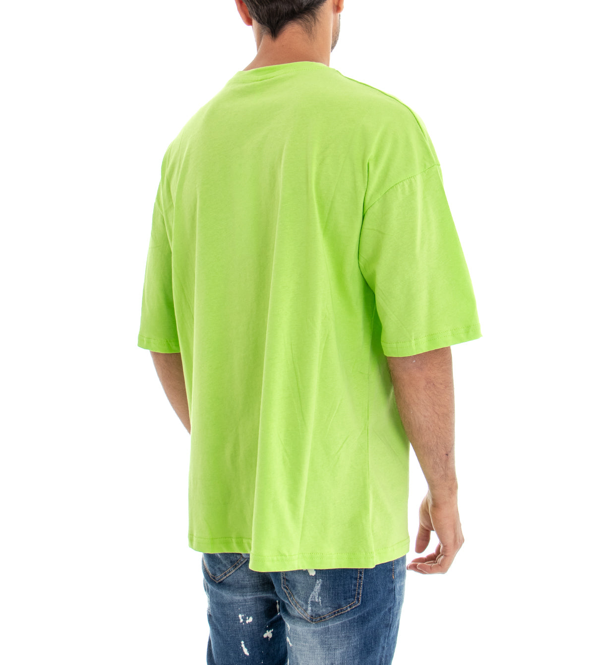 T-shirt Uomo Maglia Maniche Corte Over Size Tinta Unita Verde Acido Stampa Girocollo GIOSAL