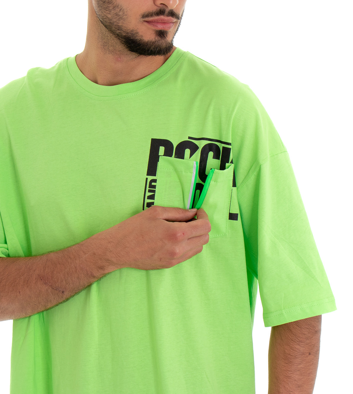 T-shirt Uomo Maglia Manica Corta Modello Over Size Stampa Taschino Anteriore Tinta Unita Verde GIOSAL
