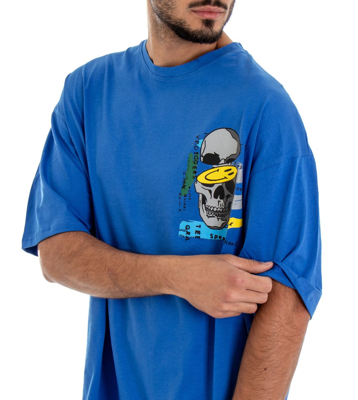T-shirt Uomo Maglia Manica Corta Stampa Retro Over Size Blu GIOSAL
