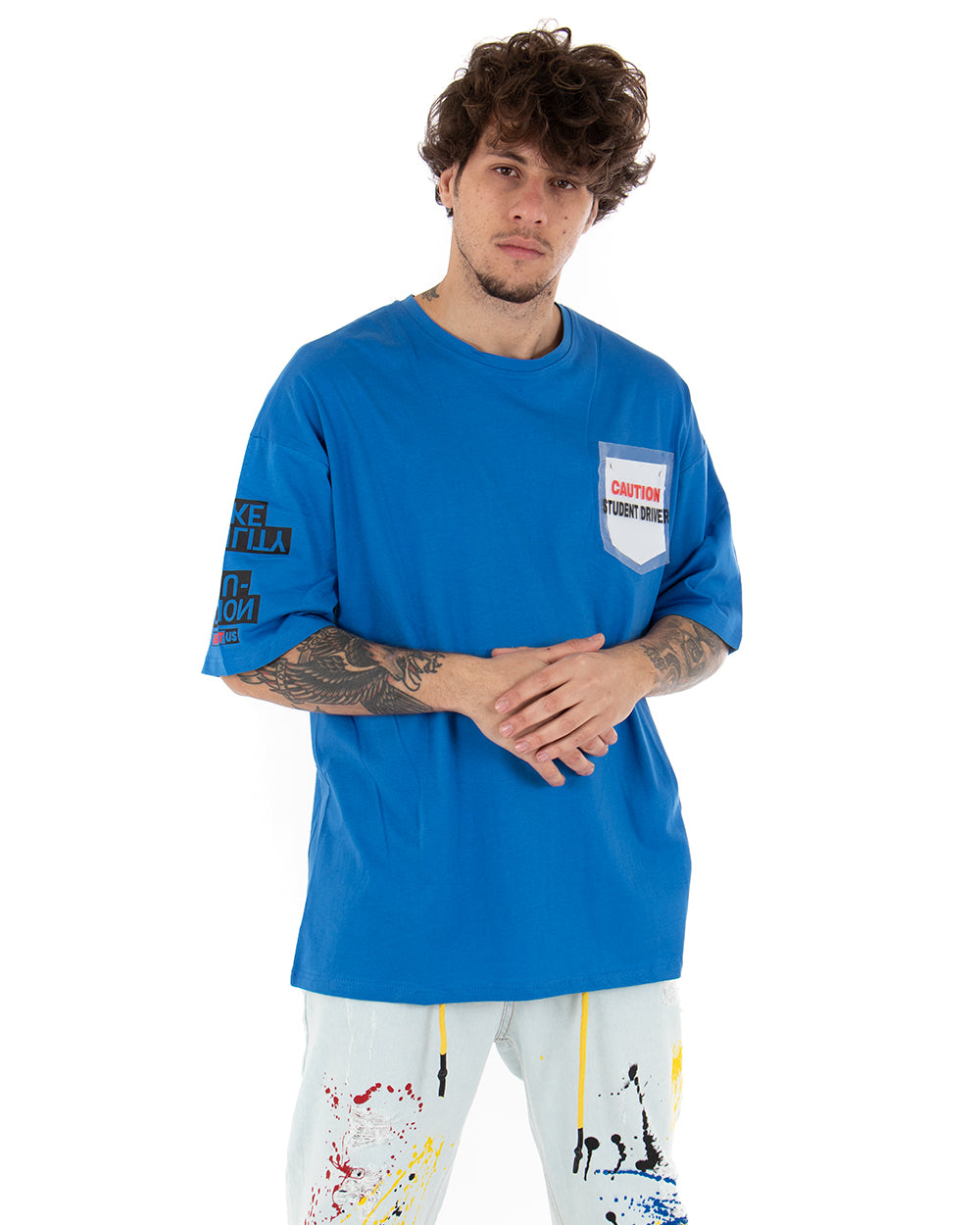 T-shirt Uomo Tinta Unita Blu Royal Stampe Girocollo Oversize GIOSAL