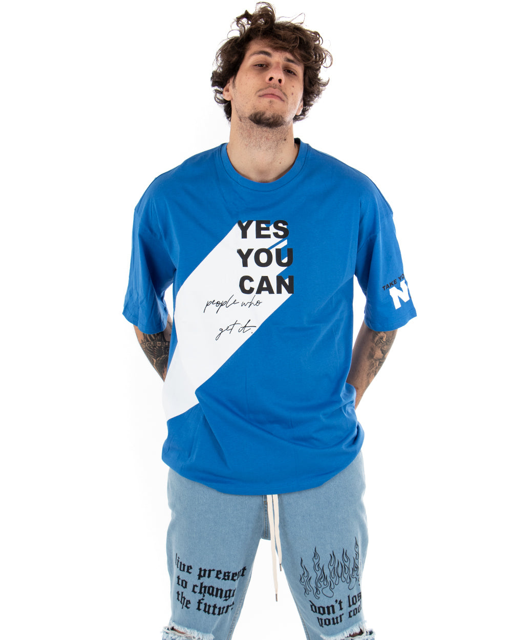T-shirt Uomo Stampa Blu Royal Girocollo Oversize Maniche Corte Casual GIOSAL