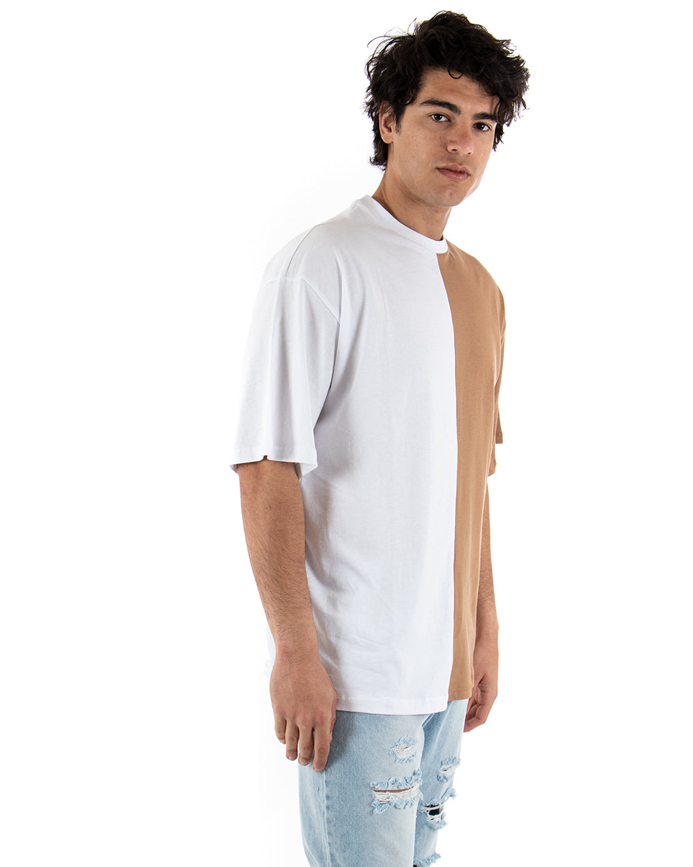 T-shirt Uomo Maniche Corte Bicolore Nera Camel Girocollo Oversize Casual GIOSAL