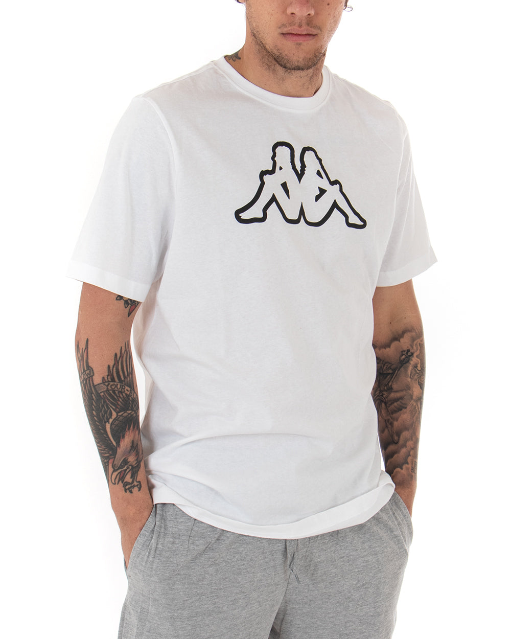 T-shirt Uomo Kappa MM Logo Cromen Tinta Unita Bianco Girocollo Maniche Corte Casual GIOSAL-TS2424A