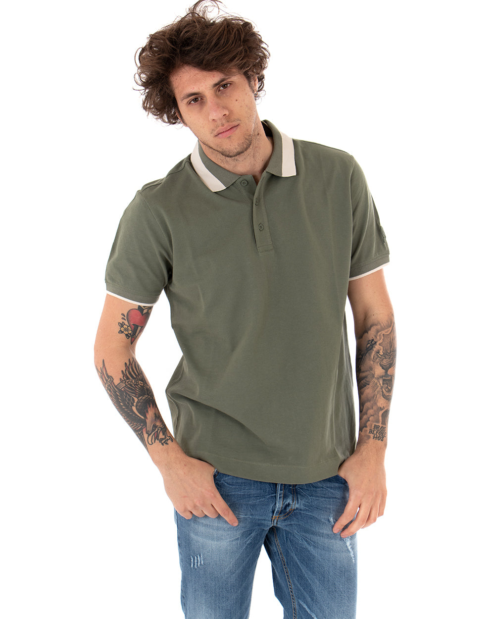 T-shirt Uomo Polo Invicta Piquet Logo Colletto Casual Bottoni Verde Militare GIOSAL-TS2487A