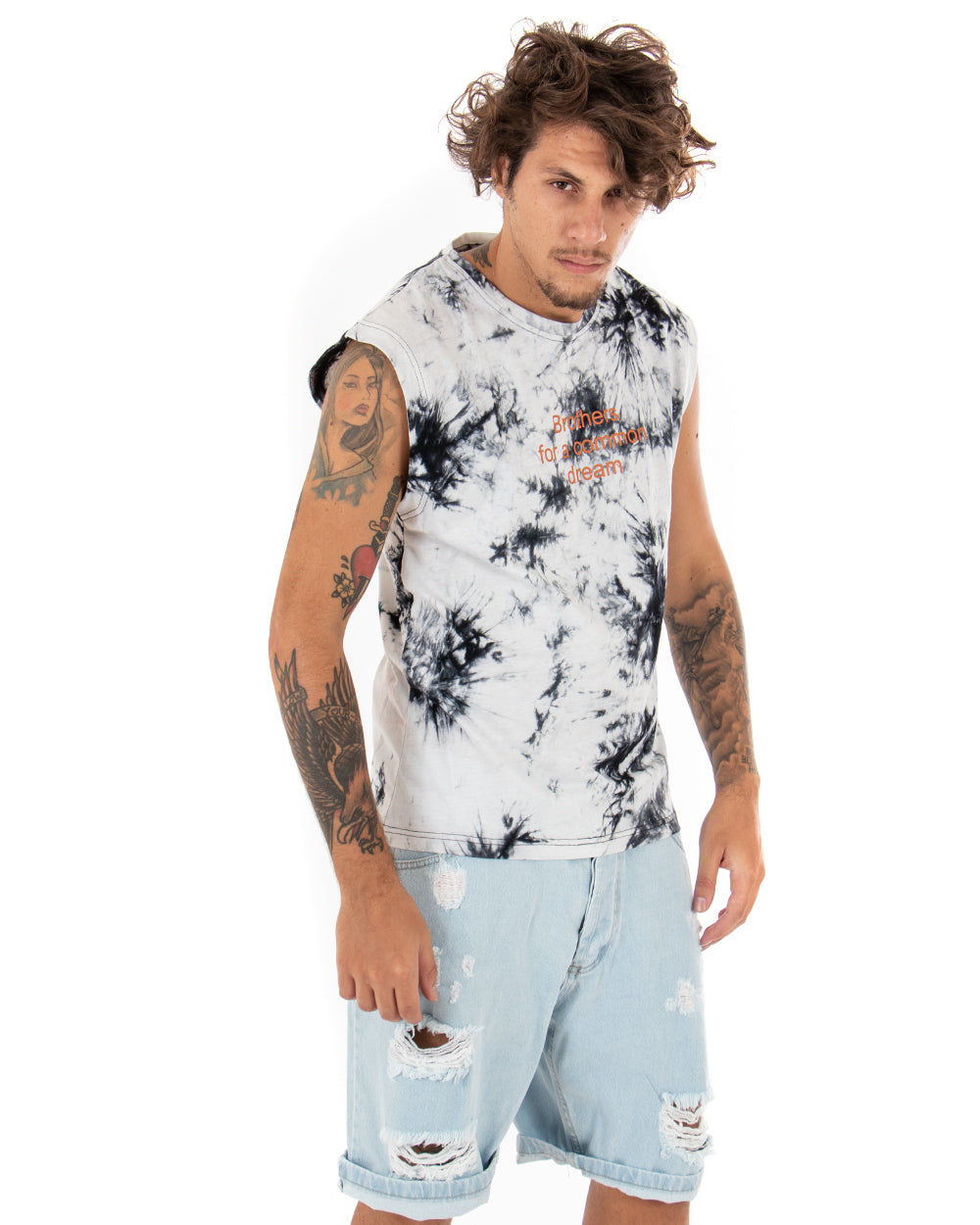 T-shirt Uomo Tie Dye Bianca Giromaniche Casual Girocollo Nera GIOSAL-TS2566A