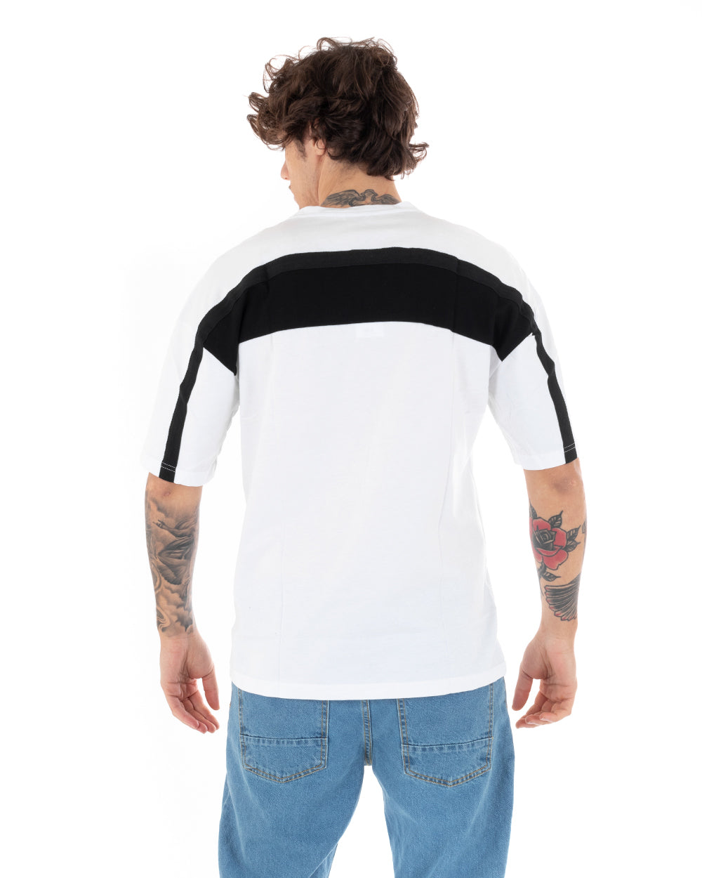 T-shirt Uomo Manica Corta Riga Nera Tinta Unita Bianca Girocollo GIOSAL-TS2612A