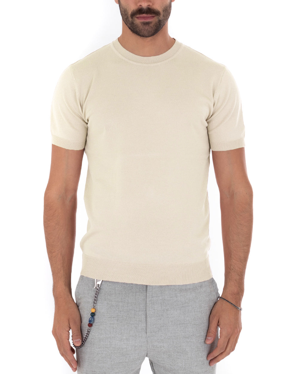 T-Shirt Uomo Girocollo Filo Casual Basic Sottogiacca Tinta Unita Beige GIOSAL-TS2621A