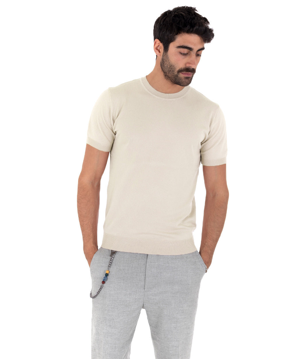 T-Shirt Uomo Girocollo Filo Casual Basic Sottogiacca Tinta Unita Beige GIOSAL-TS2621A