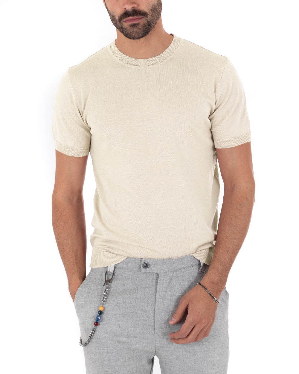 T-Shirt Uomo Girocollo Filo Casual Basic Sottogiacca Tinta Unita Beige GIOSAL-TS2621A