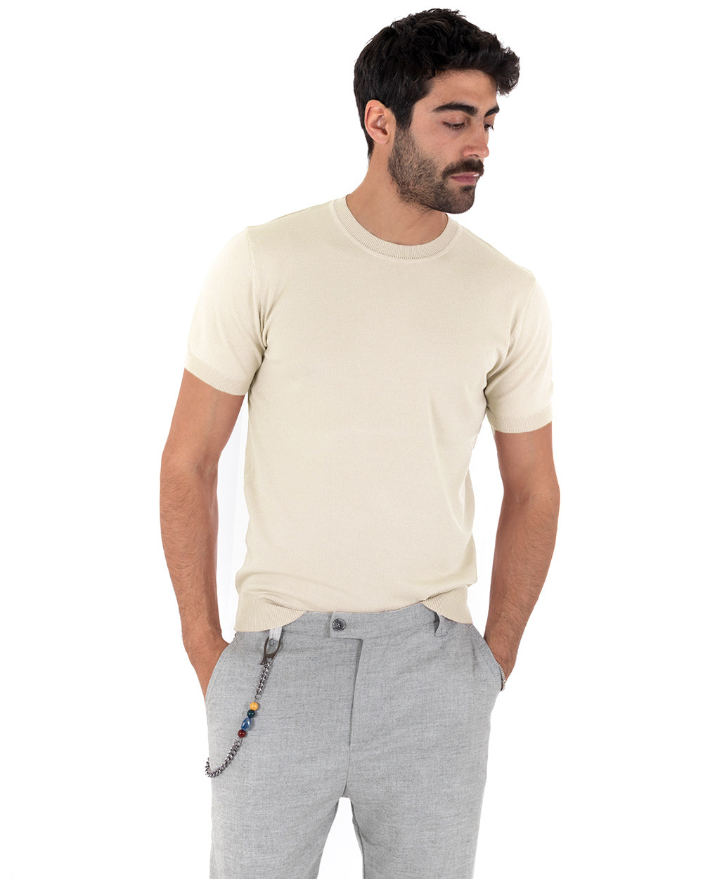 T-Shirt Uomo Girocollo Filo Casual Basic Sottogiacca Tinta Unita Beige GIOSAL-TS2621A