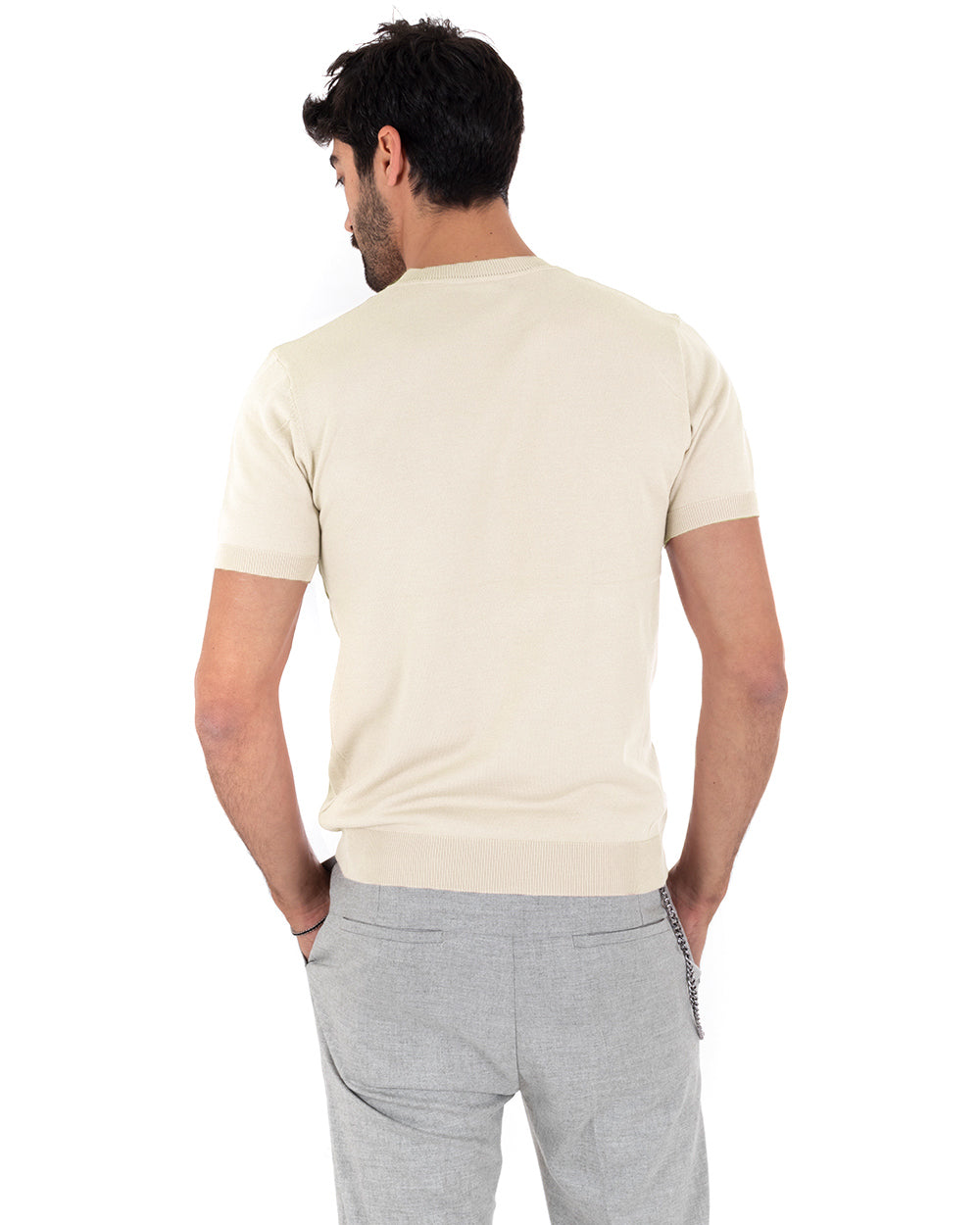 T-Shirt Uomo Girocollo Filo Casual Basic Sottogiacca Tinta Unita Beige GIOSAL-TS2621A