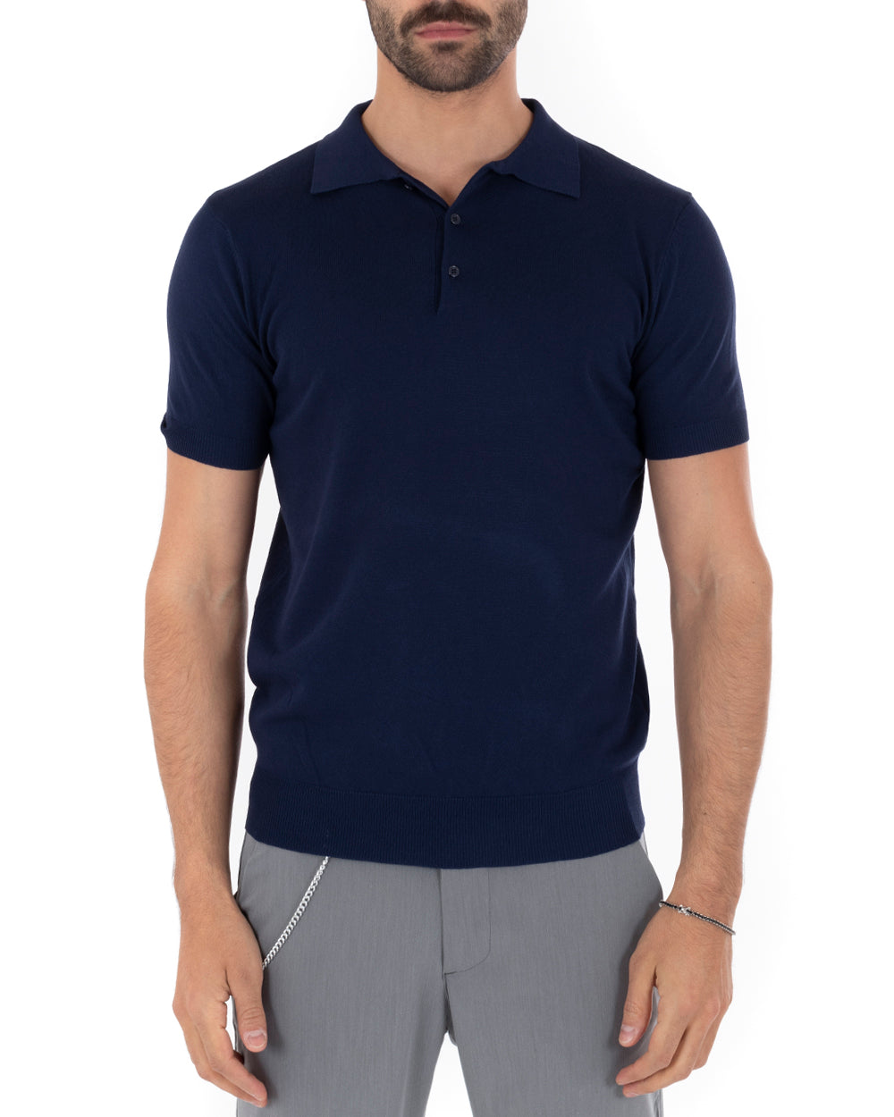 Polo Uomo Filo T-Shirt Con Colletto Bottoni Casual Maglia Sottogiacca Tinta Unita Blu GIOSAL-TS2629A