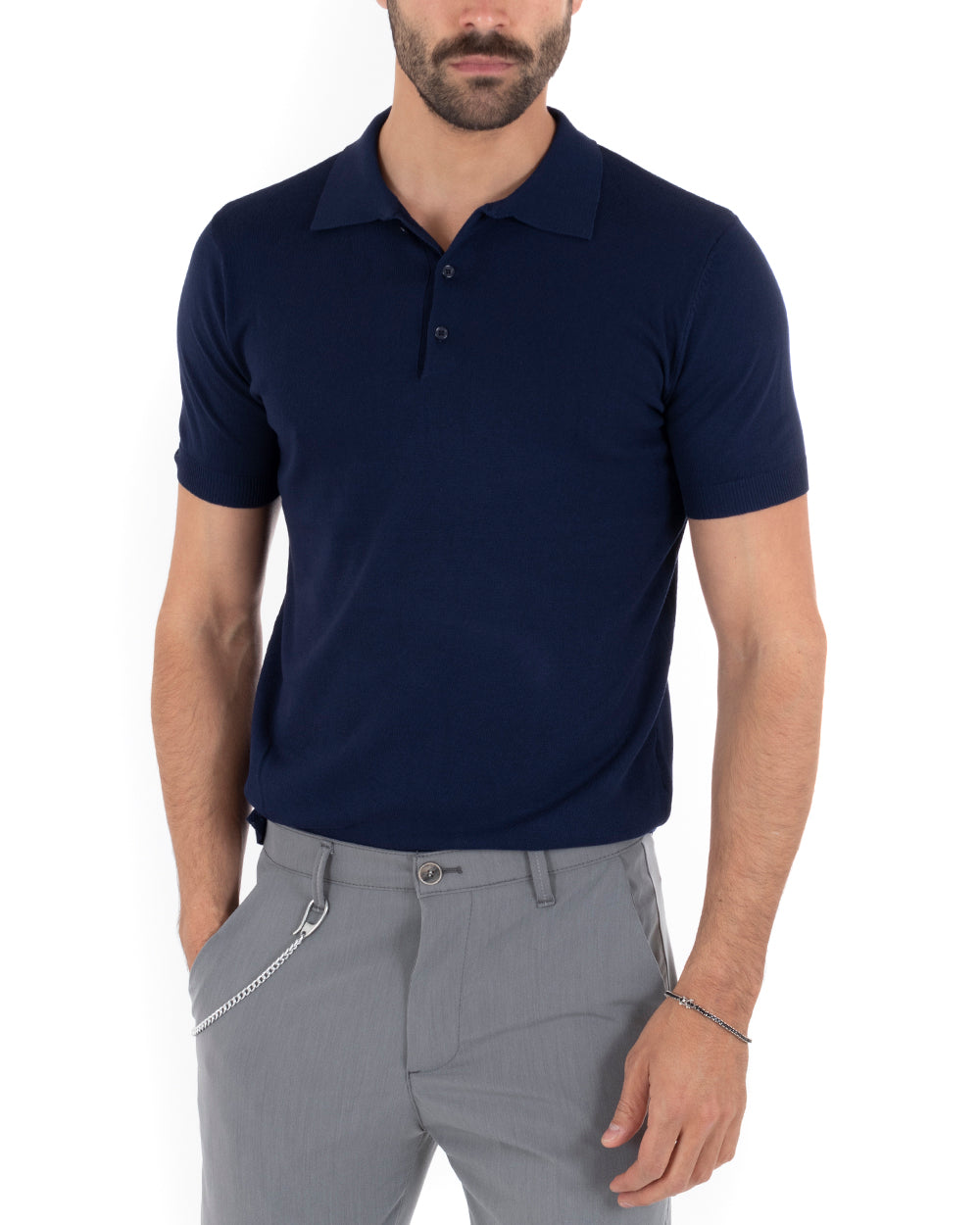 Polo Uomo Filo T-Shirt Con Colletto Bottoni Casual Maglia Sottogiacca Tinta Unita Blu GIOSAL-TS2629A