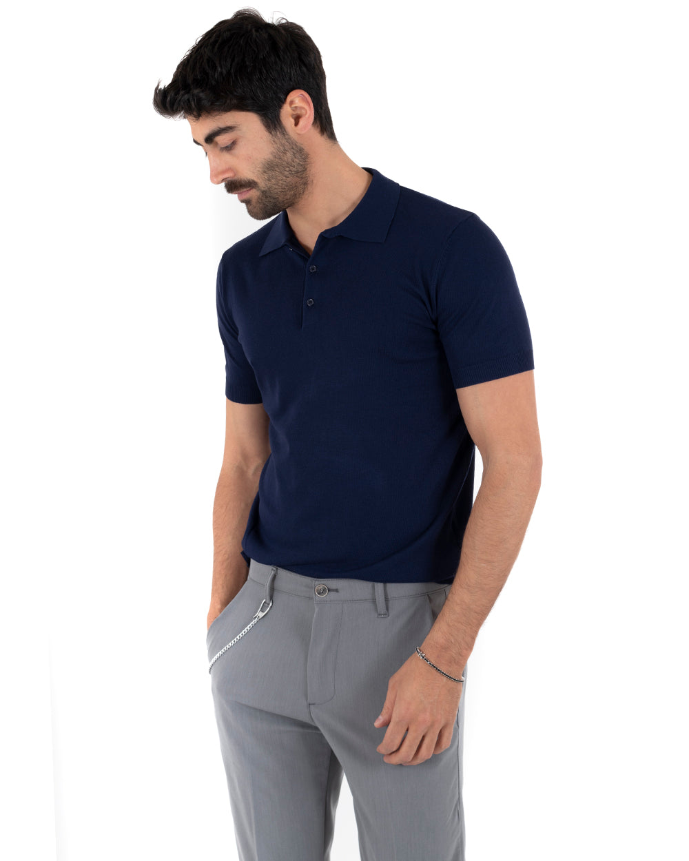 Polo Uomo Filo T-Shirt Con Colletto Bottoni Casual Maglia Sottogiacca Tinta Unita Blu GIOSAL-TS2629A