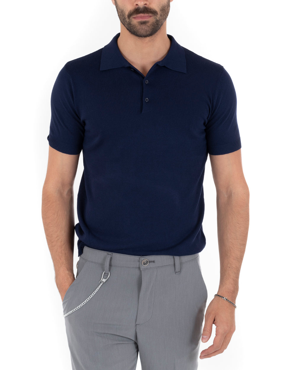 Polo Uomo Filo T-Shirt Con Colletto Bottoni Casual Maglia Sottogiacca Tinta Unita Blu GIOSAL-TS2629A