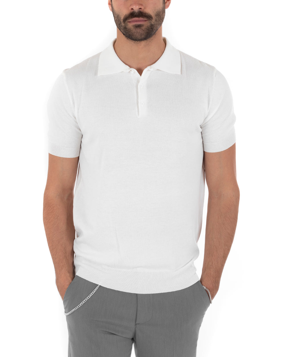 Polo Uomo Filo T-Shirt Con Colletto Bottoni Casual Maglia Sottogiacca Tinta Unita Bianco GIOSAL-TS2630A