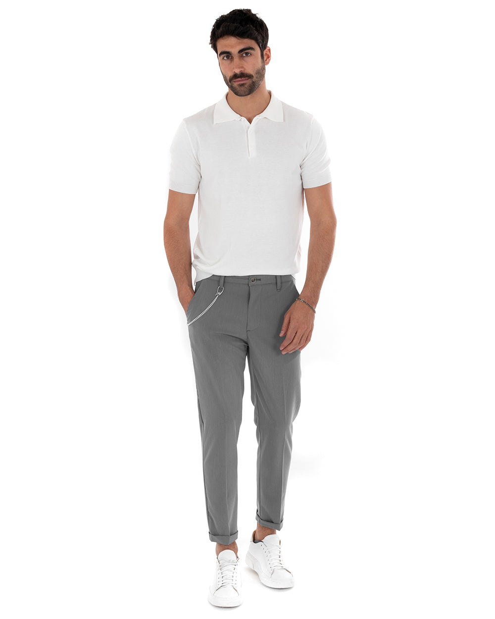 Polo Uomo Filo T-Shirt Con Colletto Bottoni Casual Maglia Sottogiacca Tinta Unita Bianco GIOSAL-TS2630A