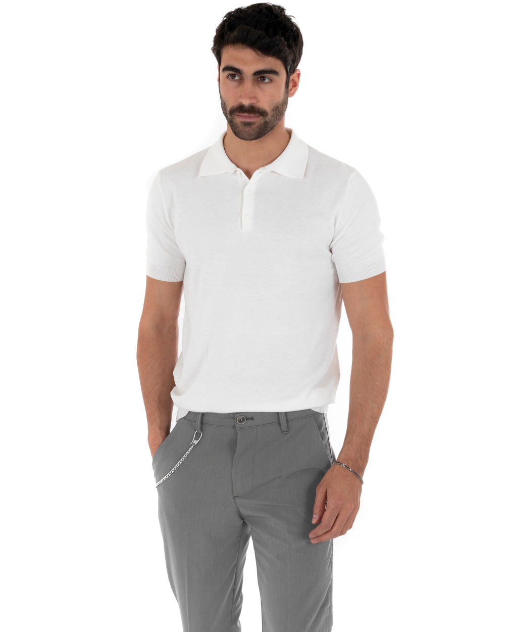 Polo Uomo Filo T-Shirt Con Colletto Bottoni Casual Maglia Sottogiacca Tinta Unita Bianco GIOSAL-TS2630A