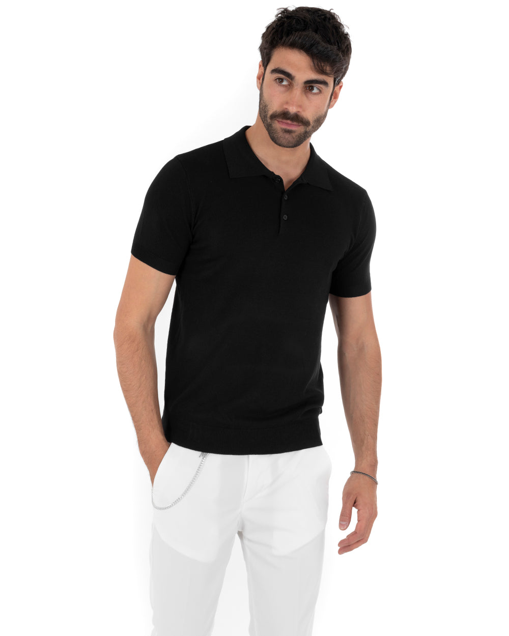 Polo Uomo Filo T-Shirt Con Colletto Bottoni Casual Maglia Sottogiacca Tinta Unita Nero GIOSAL-TS2632A