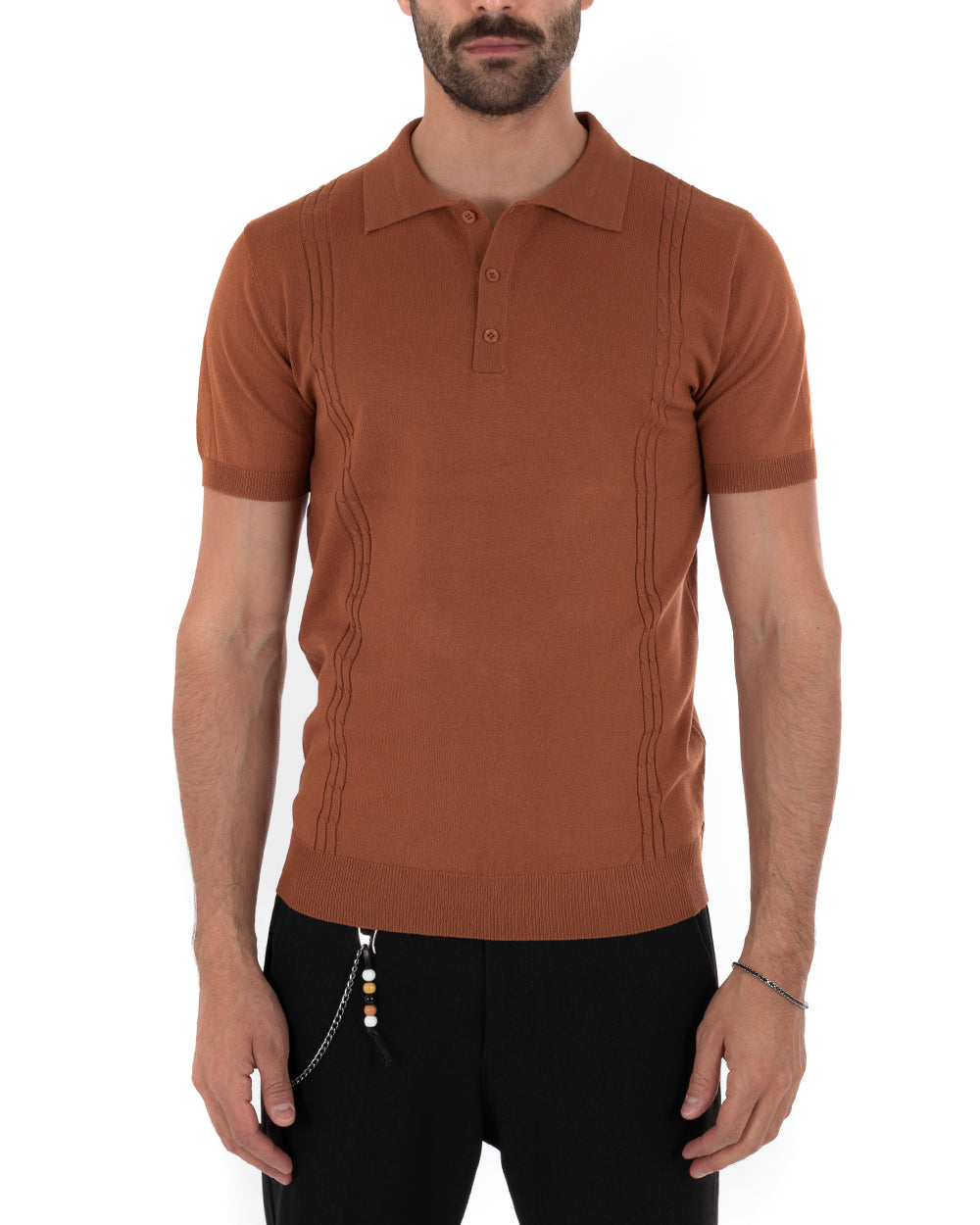 Polo Uomo T-Shirt Manica Corta Tinta Unita Tabacco Scollo Bottoni Filo Casual GIOSAL-TS2640A