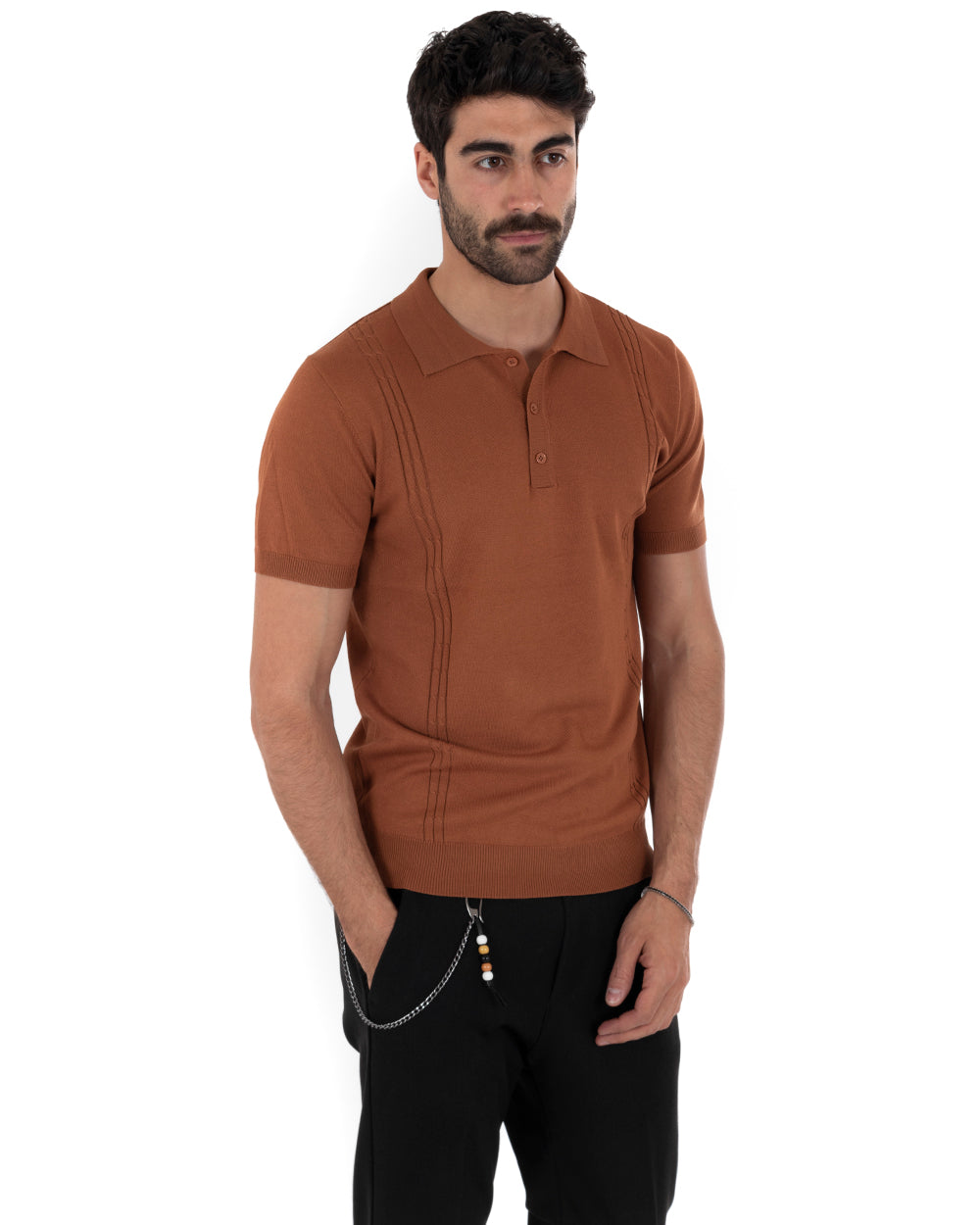 Polo Uomo T-Shirt Manica Corta Tinta Unita Tabacco Scollo Bottoni Filo Casual GIOSAL-TS2640A