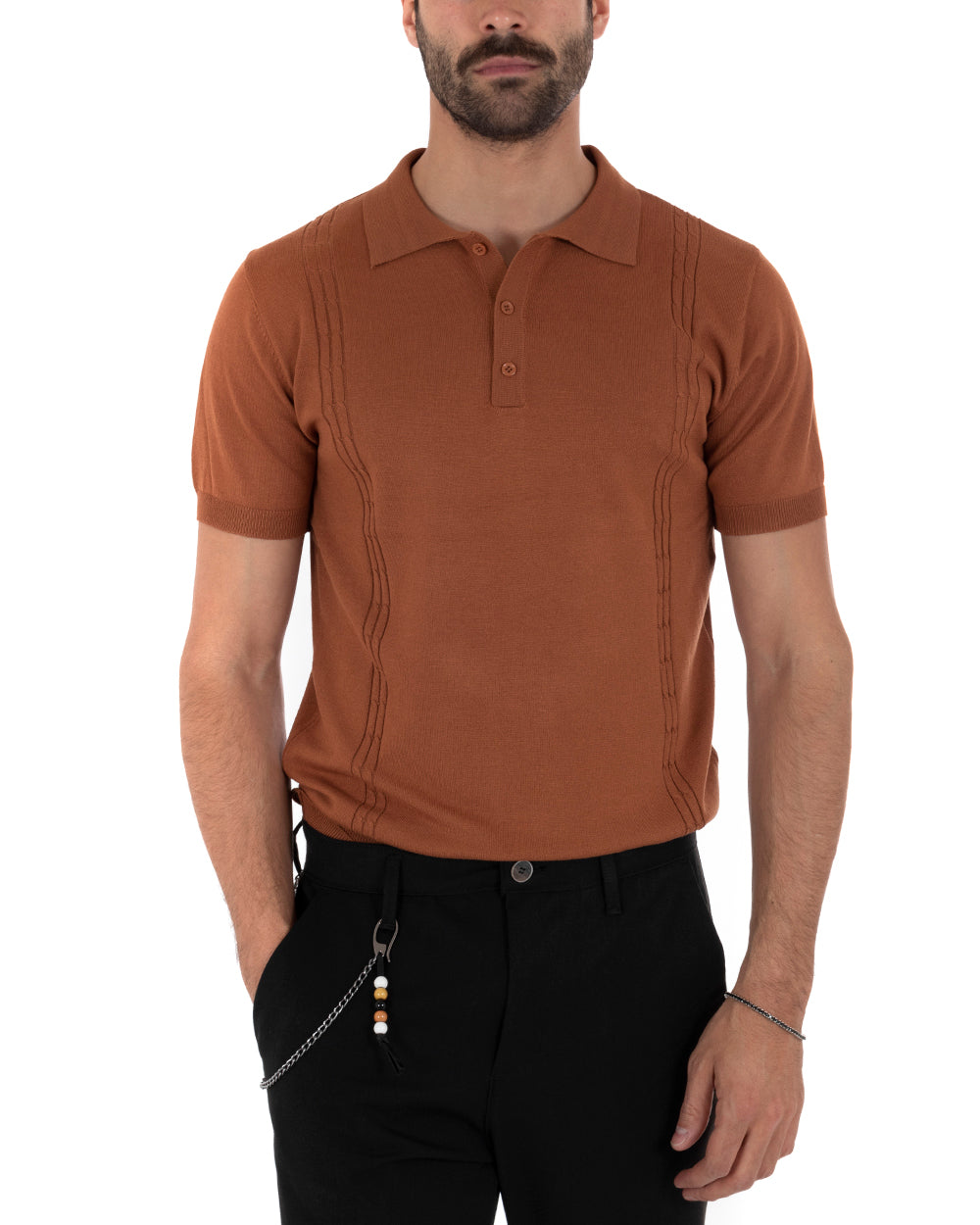 Polo Uomo T-Shirt Manica Corta Tinta Unita Tabacco Scollo Bottoni Filo Casual GIOSAL-TS2640A