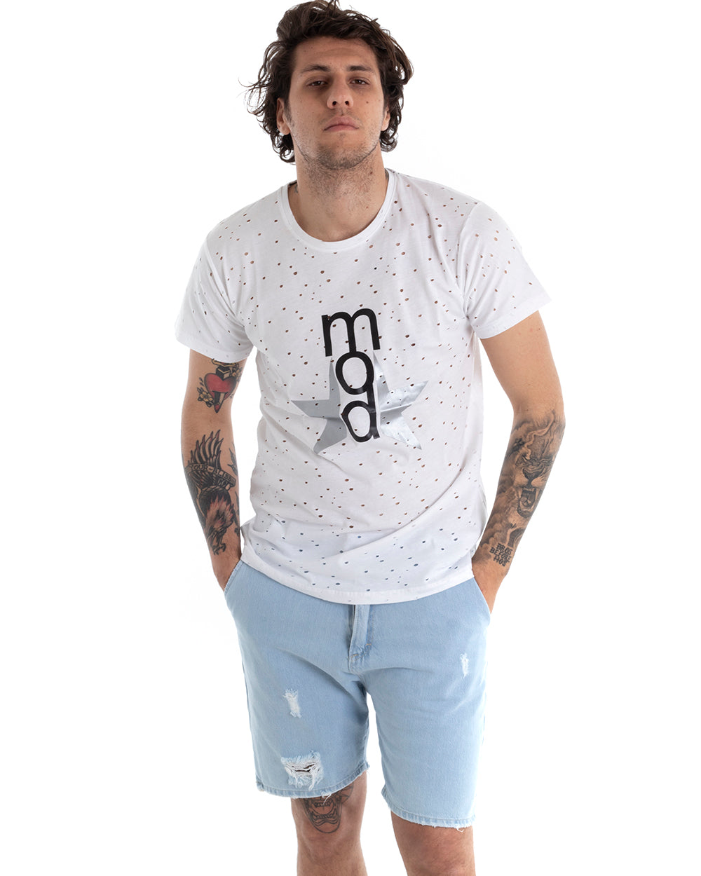 T-shirt Uomo Manica Corta Stampa Girocollo Traforata Tinta Unita Bianca GIOSAL-TS2754A