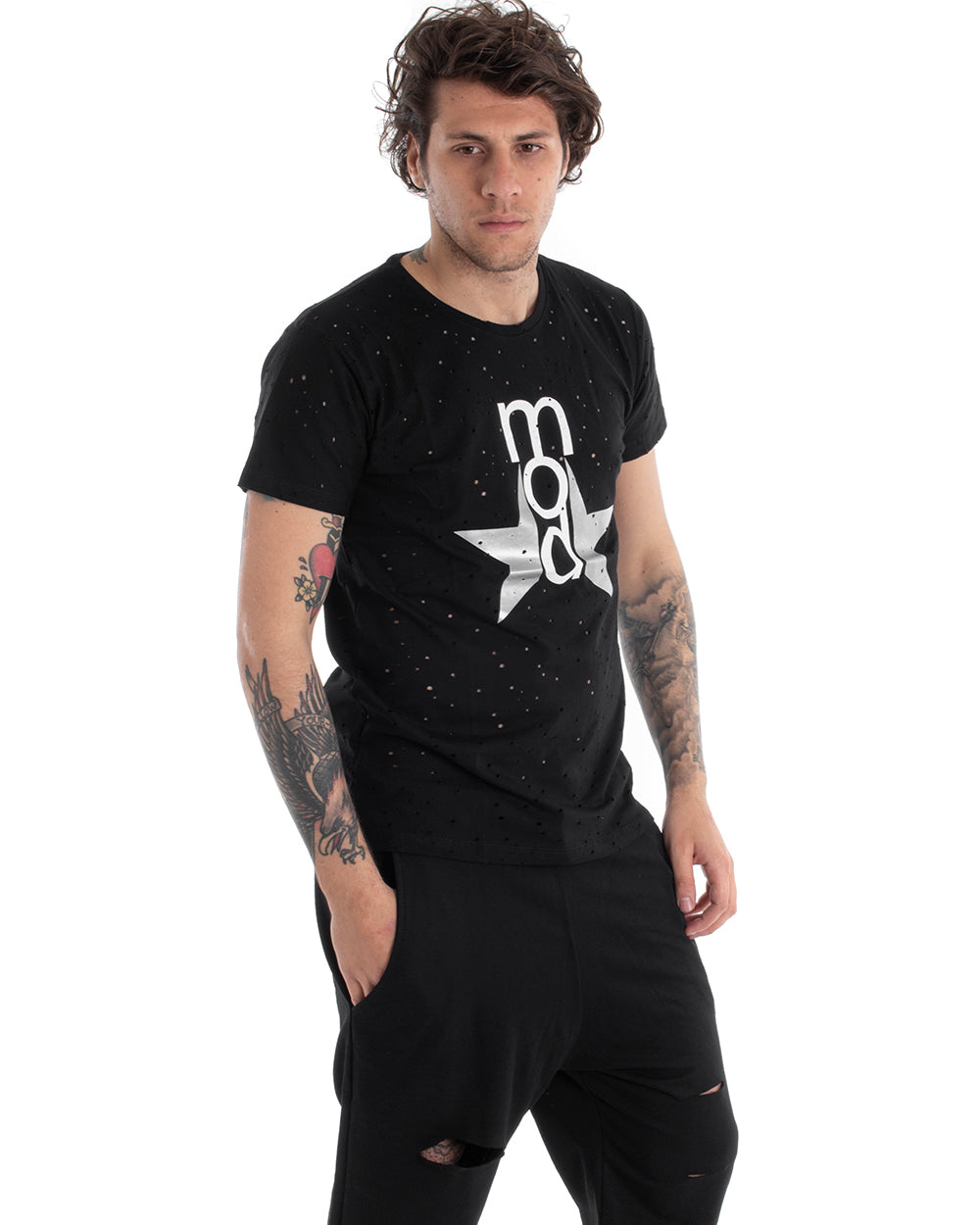 T-shirt Uomo Manica Corta Stampa Girocollo Traforata Tinta Unita Nera GIOSAL-TS2755A