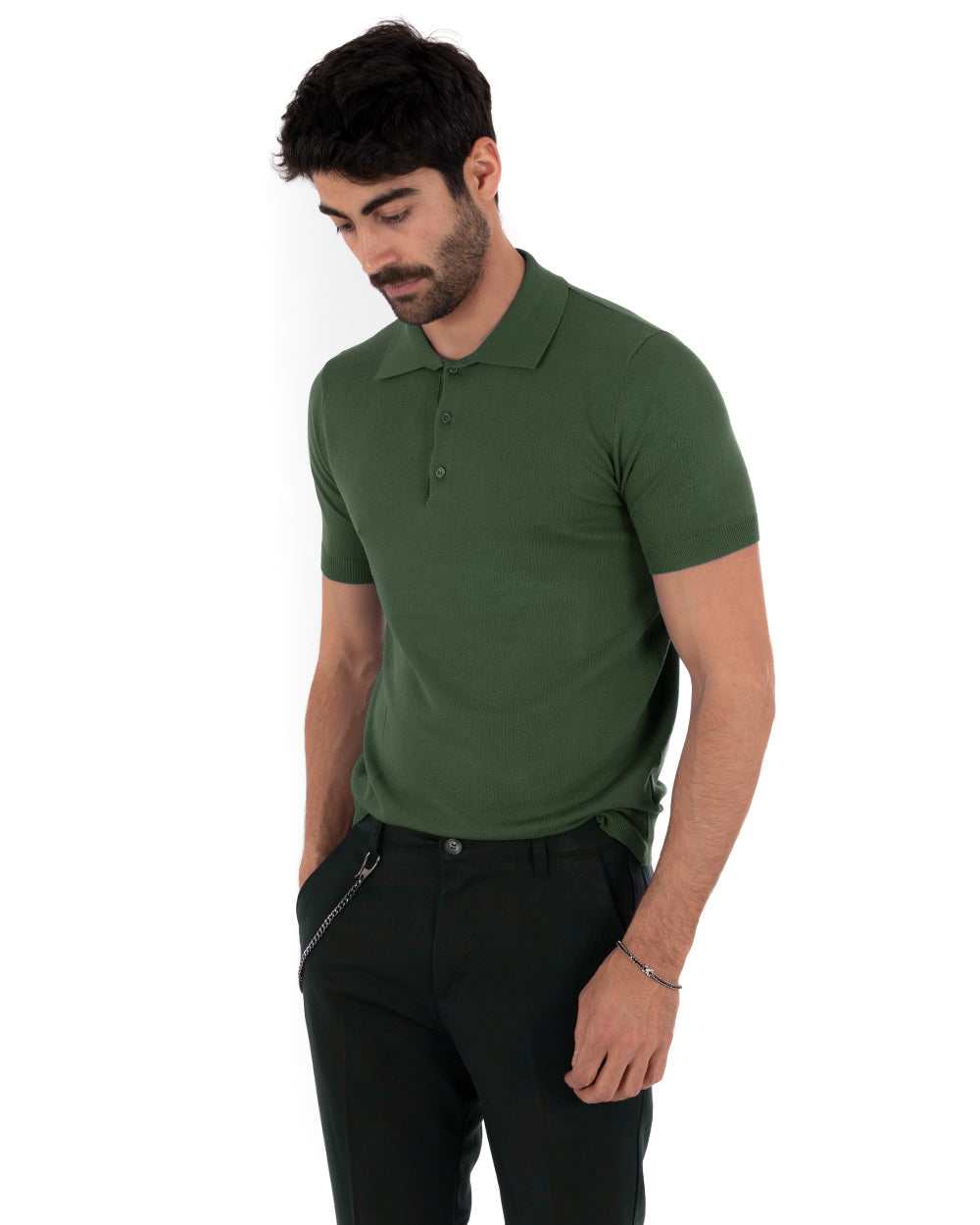 Polo Filo Uomo T-Shirt Manica Corta Con Colletto Bottoni Tinta Unita Verde Casual GIOSAL-TS2777A