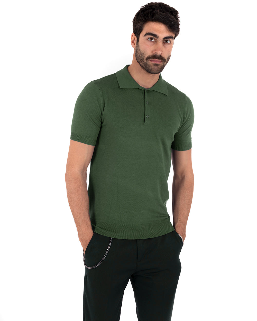 Polo Filo Uomo T-Shirt Manica Corta Con Colletto Bottoni Tinta Unita Verde Casual GIOSAL-TS2777A