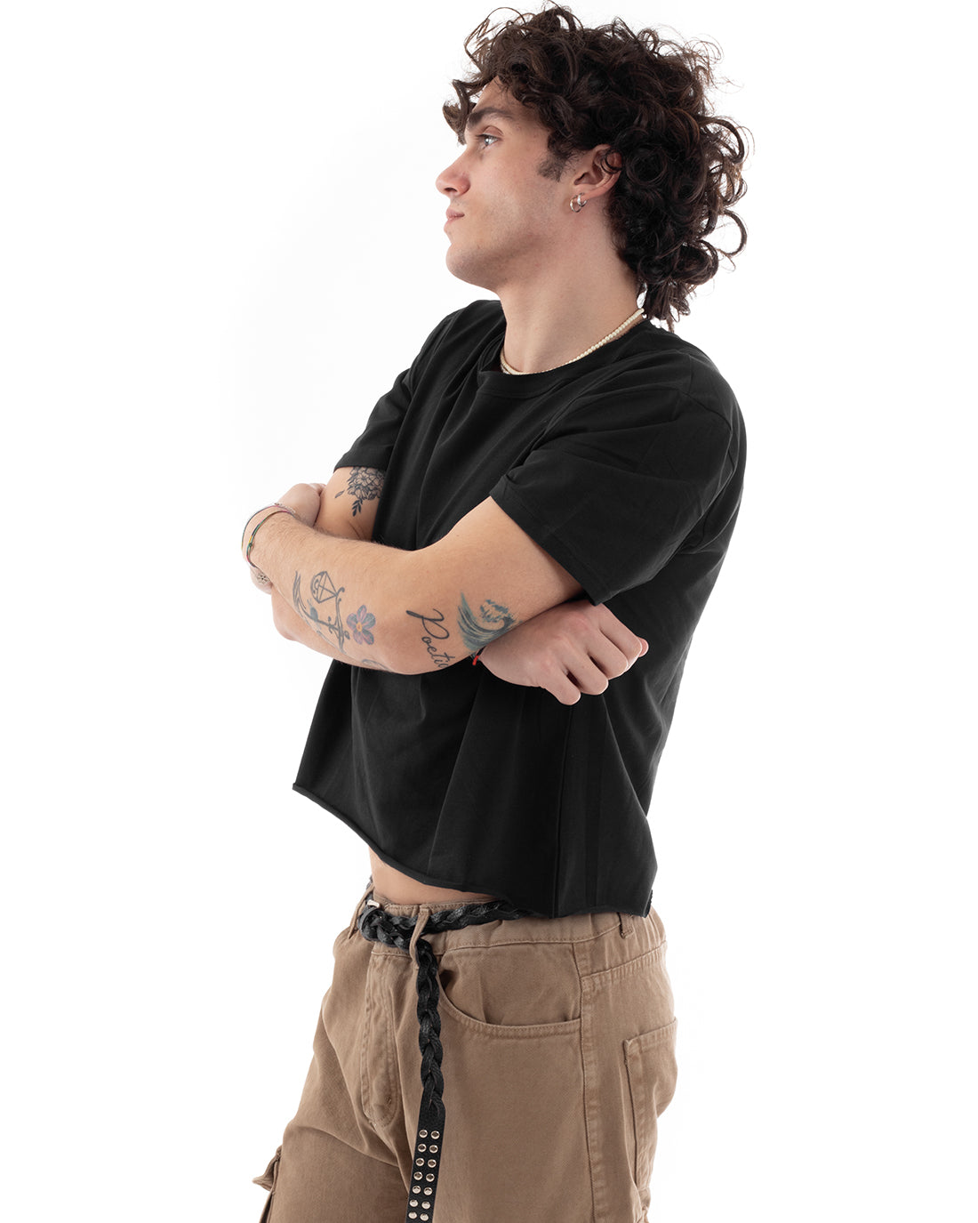 T-shirt Uomo Cropped Boxy Fit Corta Taglio Vivo Nero TS2854A