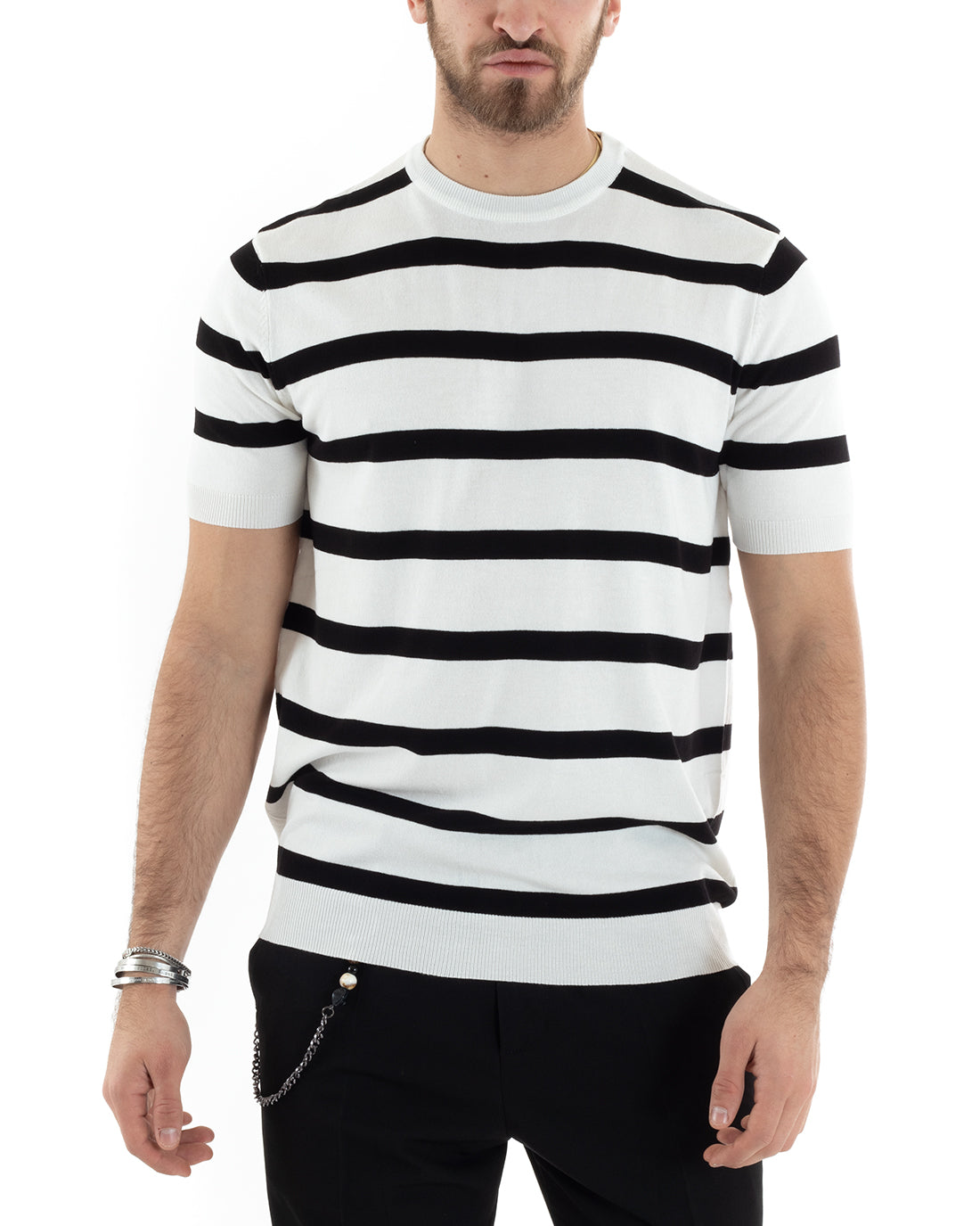 T-shirt Uomo Girocollo Filo Rigata Maniche Corte Bicolore Casual Bianco GIOSAL-TS2860A