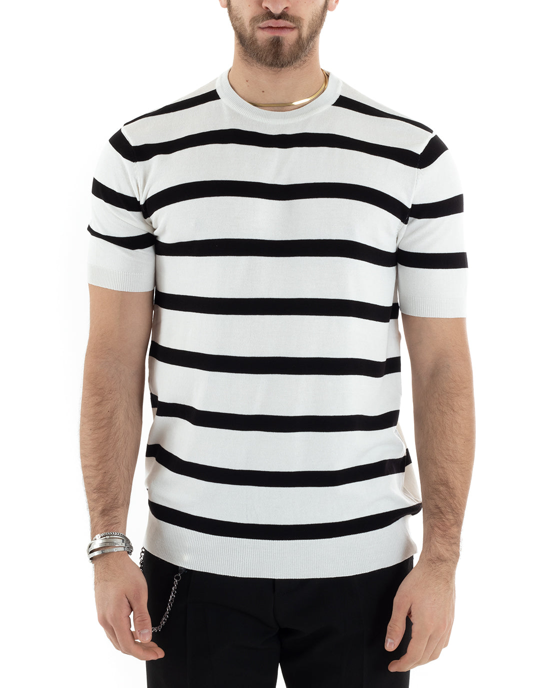 T-shirt Uomo Girocollo Filo Rigata Maniche Corte Bicolore Casual Bianco GIOSAL-TS2860A