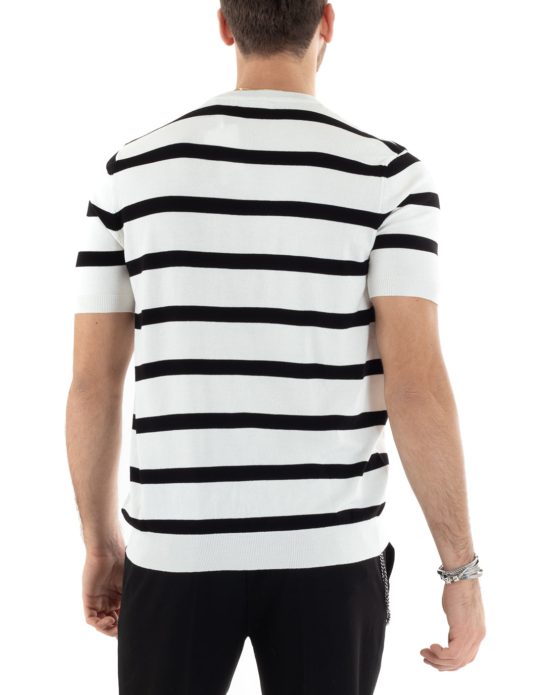 T-shirt Uomo Girocollo Filo Rigata Maniche Corte Bicolore Casual Bianco GIOSAL-TS2860A