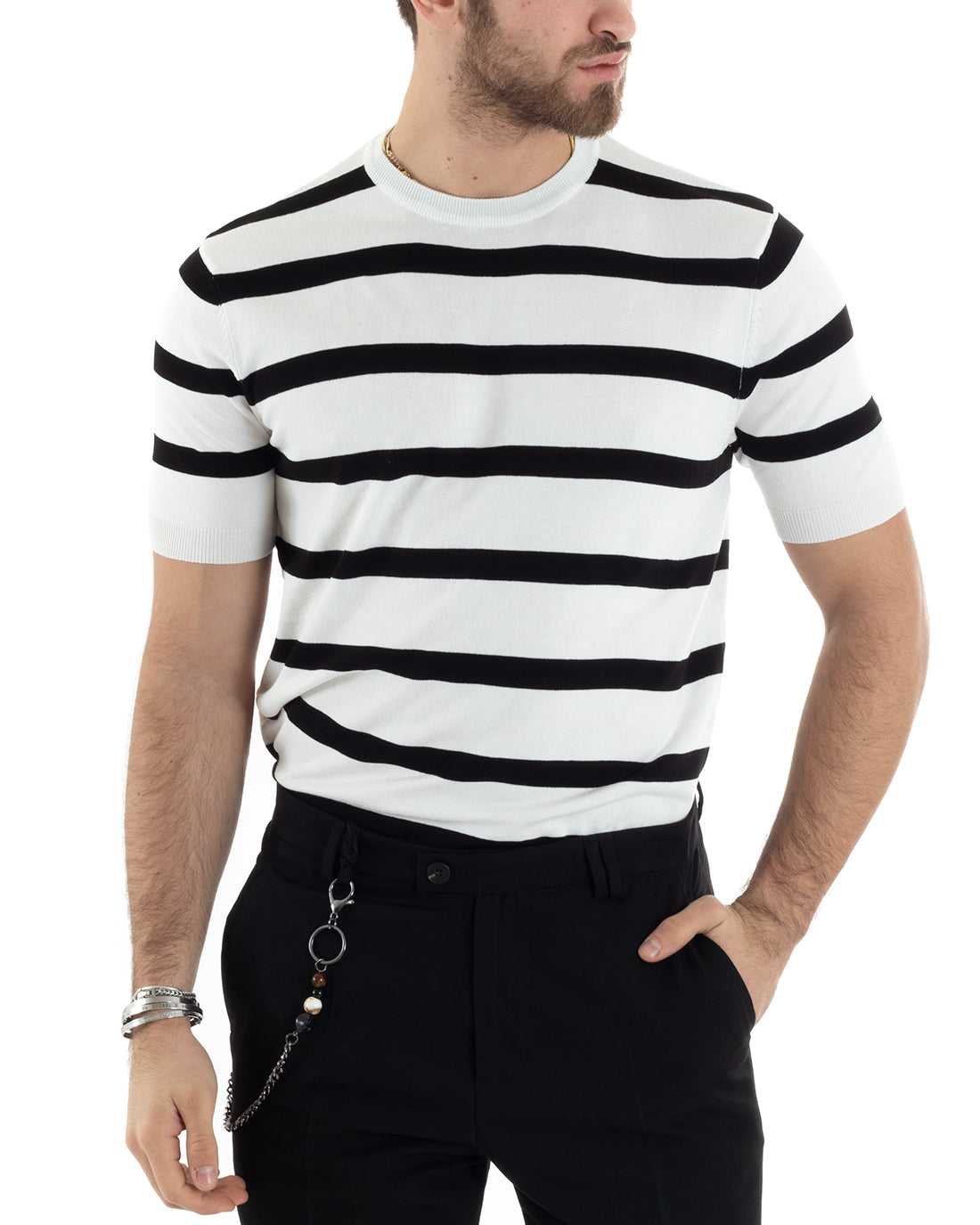T-shirt Uomo Girocollo Filo Rigata Maniche Corte Bicolore Casual Bianco GIOSAL-TS2860A
