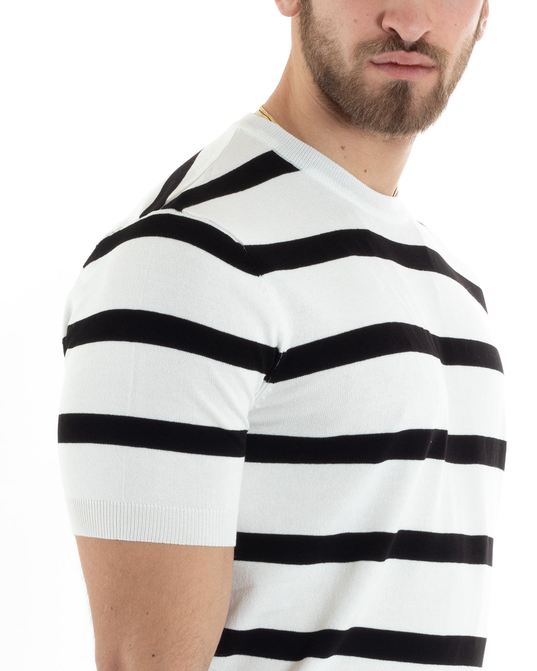 T-shirt Uomo Girocollo Filo Rigata Maniche Corte Bicolore Casual Bianco GIOSAL-TS2860A