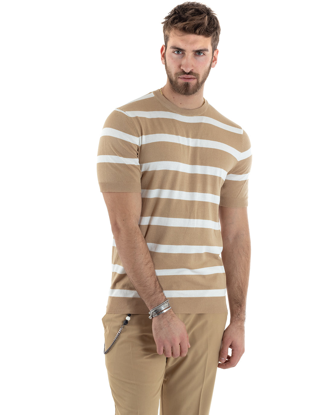 T-shirt Uomo Girocollo Filo Rigata Manica Corta Bicolore Casual Beige GIOSAL-TS2861A