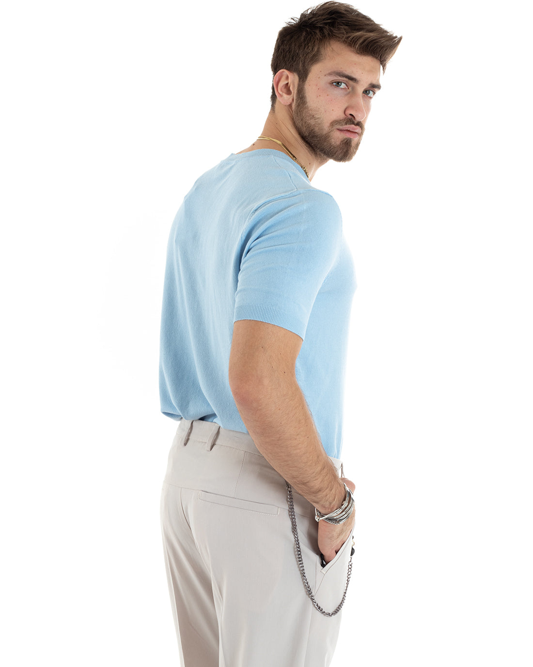 T-shirt Uomo Filo Maniche Corte Tinta Unita Celeste Scollo a V Casual GIOSAL-TS2865A