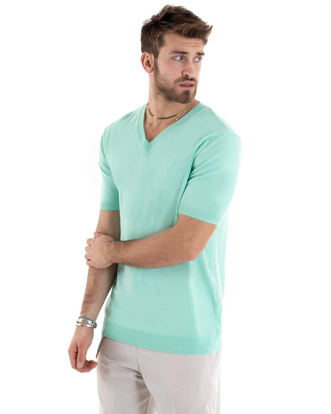 T-shirt Uomo Filo Maniche Corte Tinta Unita Verde Acqua Scollo a V Casual GIOSAL-TS2866A