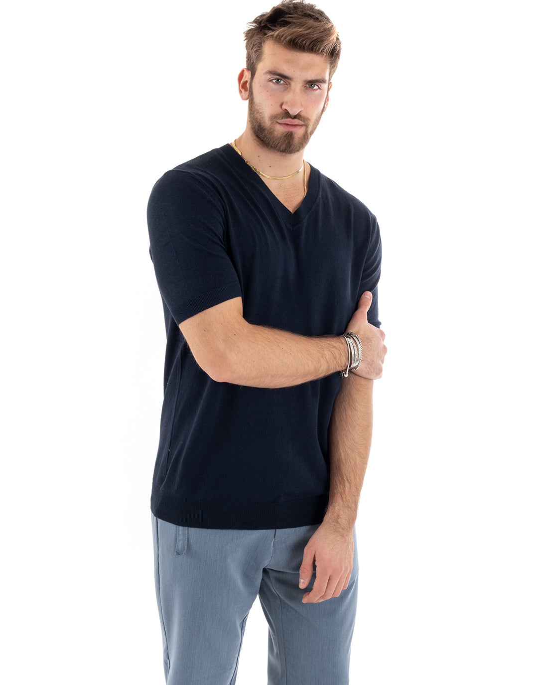 T-shirt Uomo Filo Maniche Corte Tinta Unita Blu Scollo a V Casual GIOSAL-TS2867A
