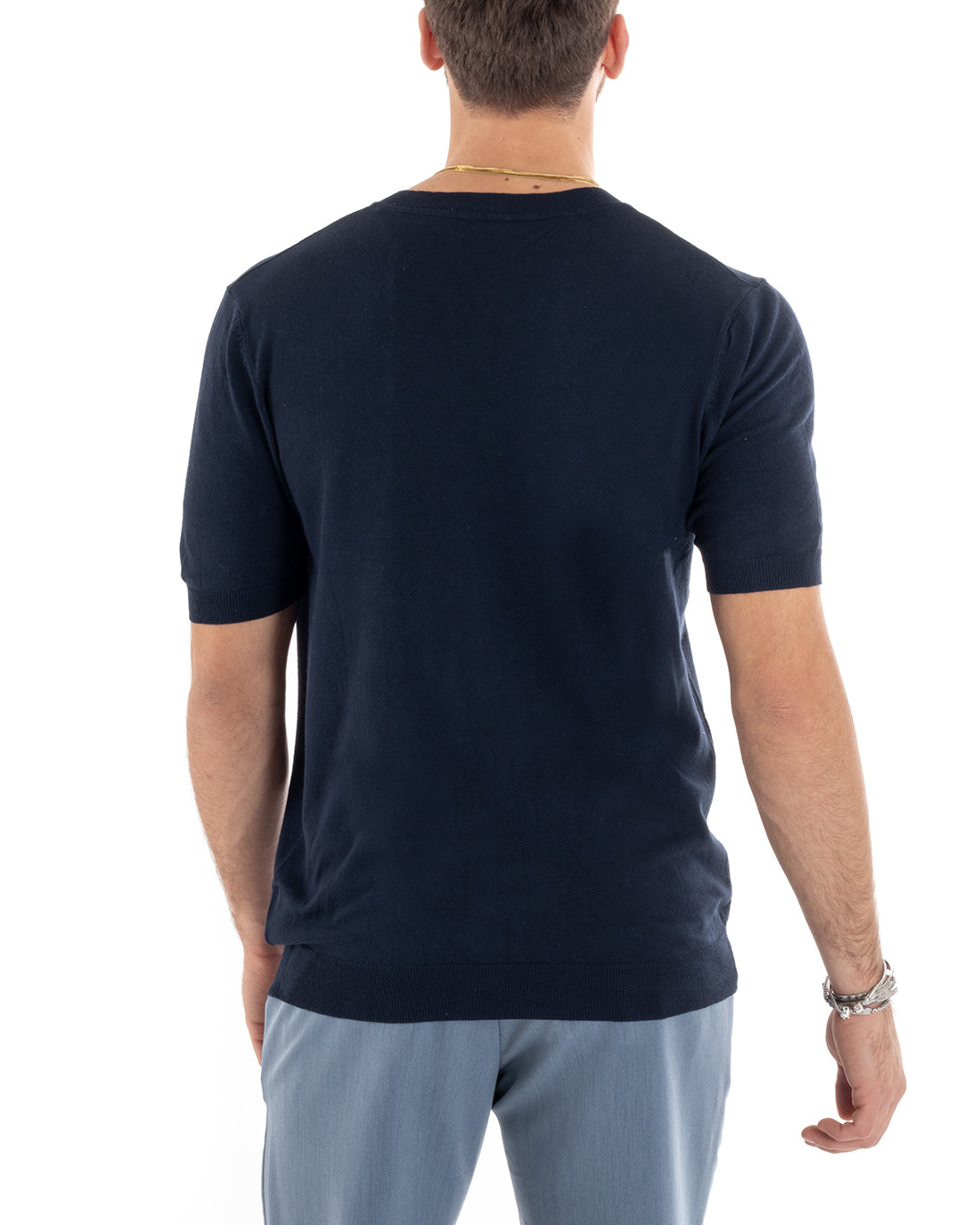 T-shirt Uomo Filo Maniche Corte Tinta Unita Blu Scollo a V Casual GIOSAL-TS2867A