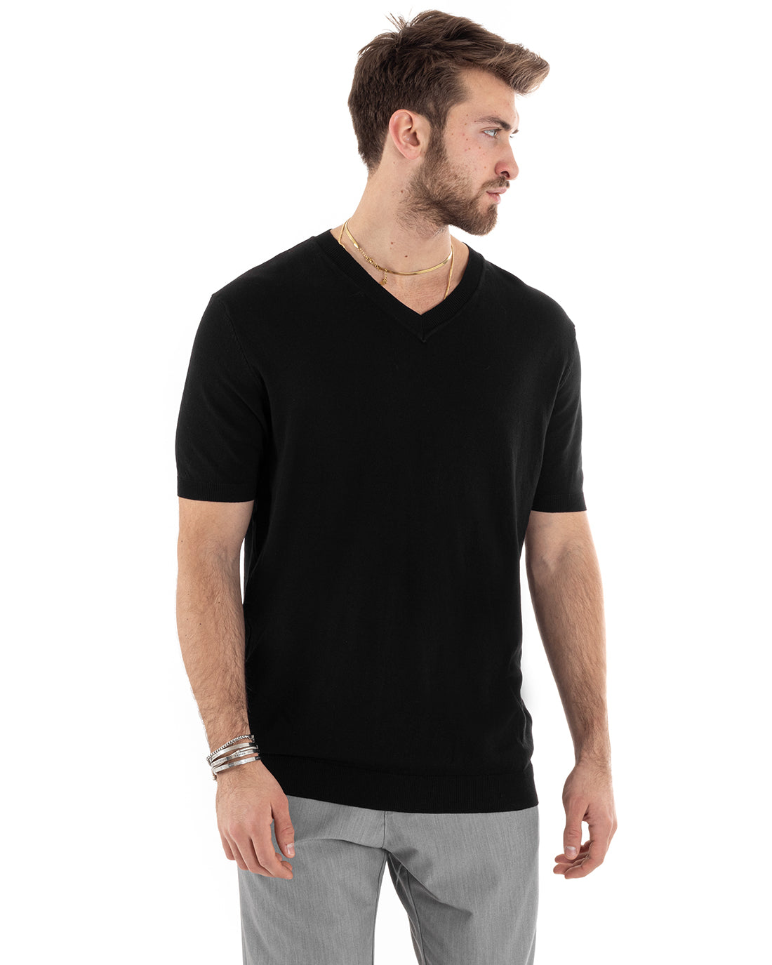 T-shirt Uomo Filo Maniche Corte Tinta Unita Nero Scollo a V Casual GIOSAL-TS2869A