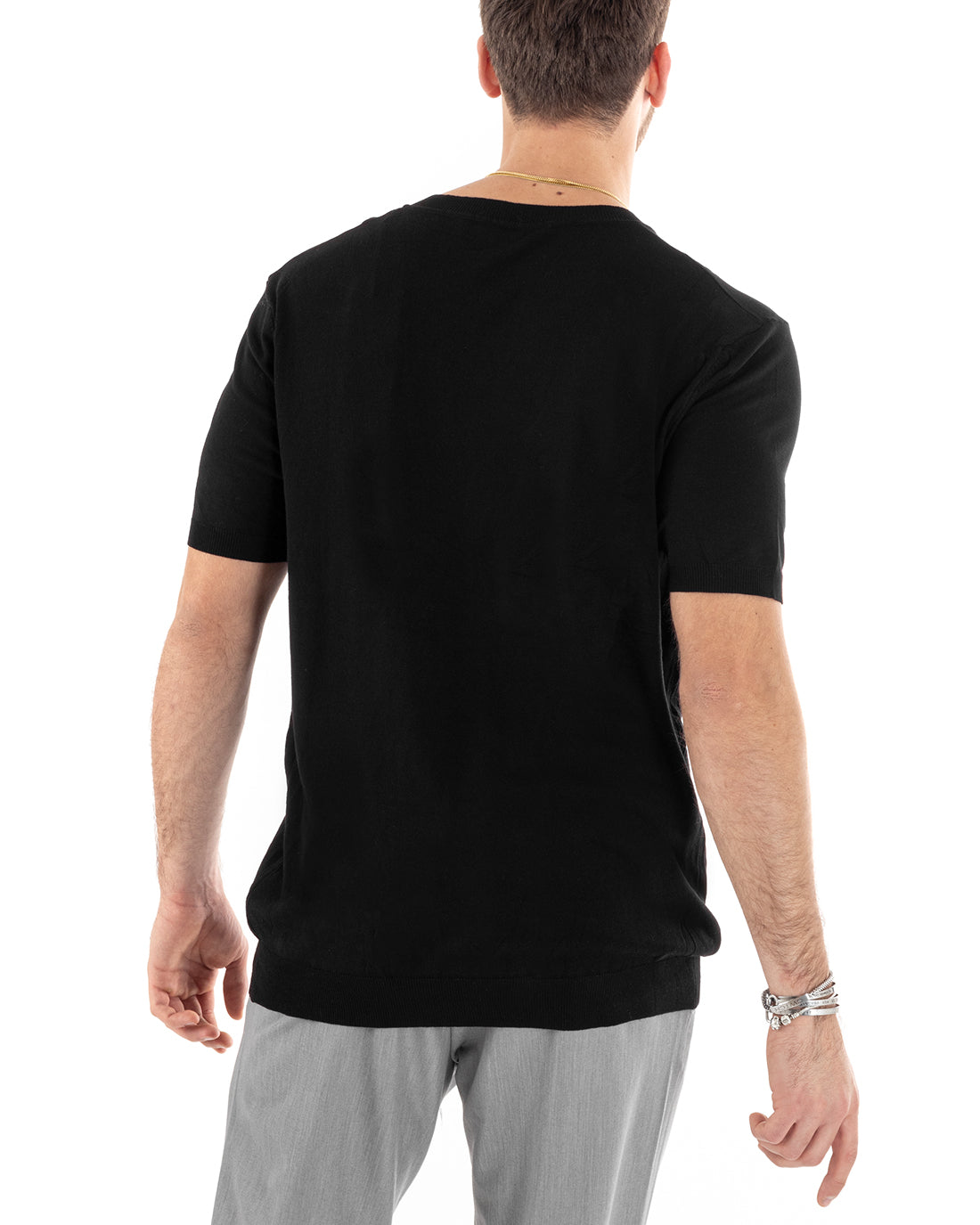 T-shirt Uomo Filo Manica Corta Tinta Unita Nero Scollo a V Casual GIOSAL-TS2869A