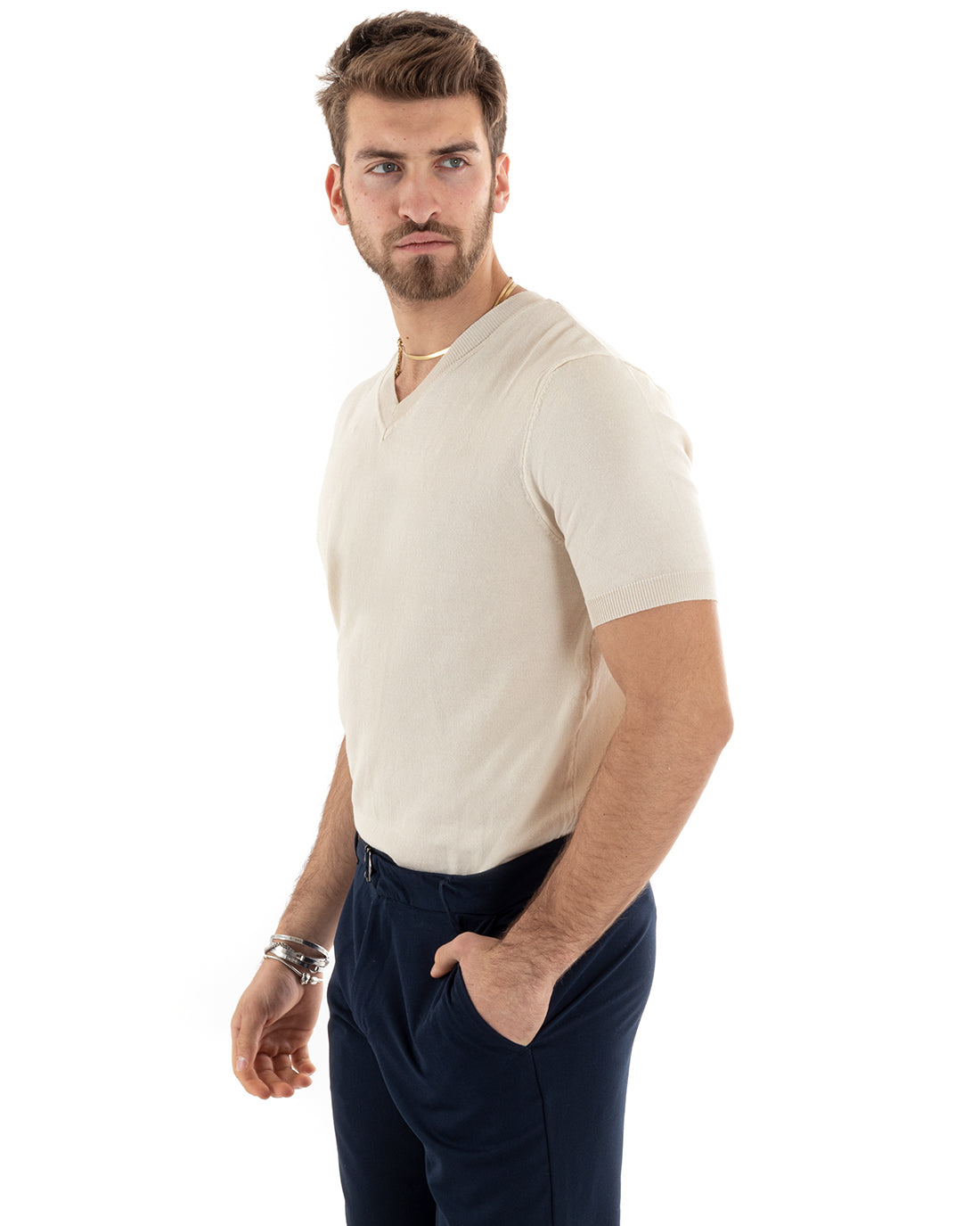 T-shirt Uomo Filo Maniche Corte Tinta Unita Beige Scollo a V Casual GIOSAL-TS2871A